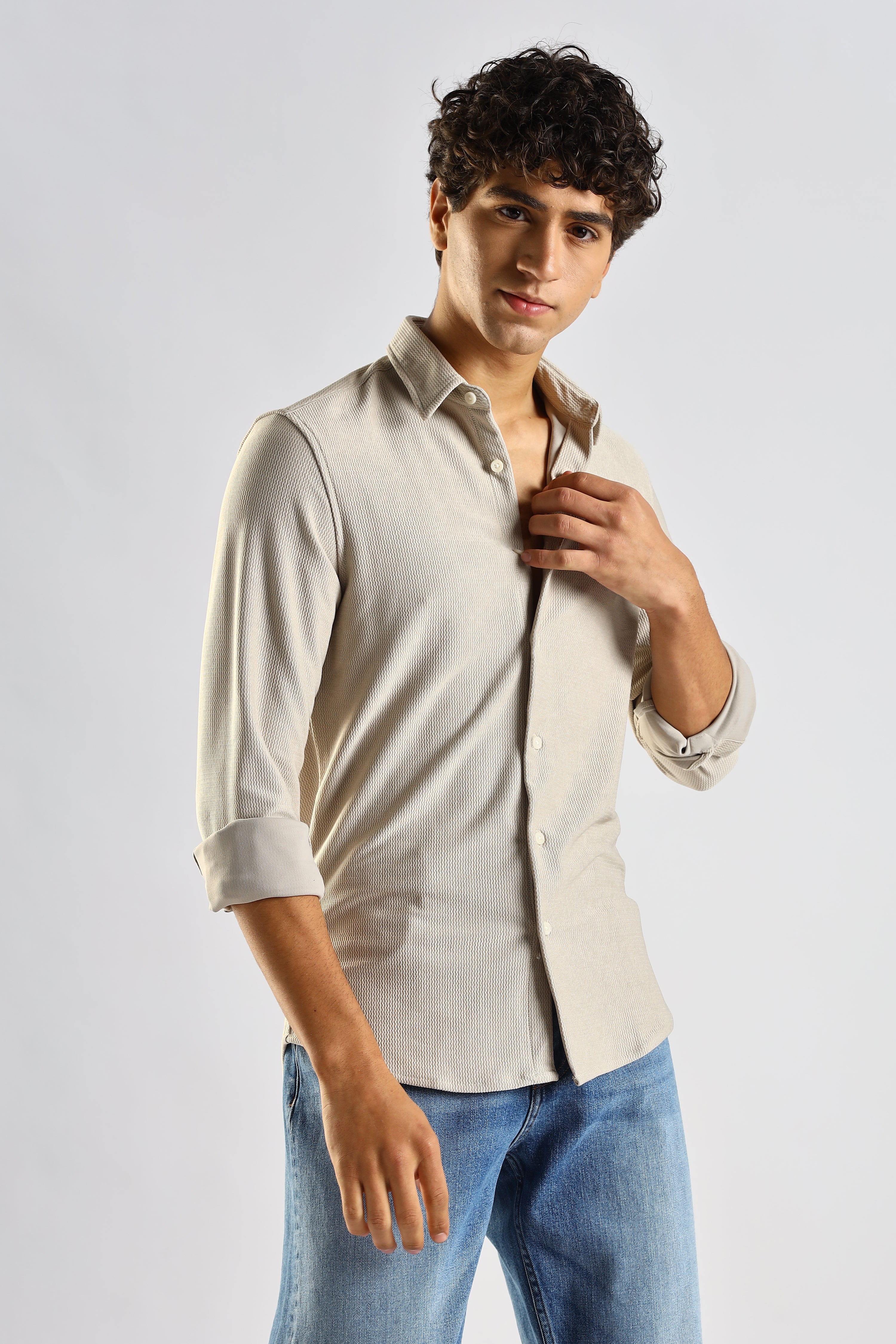 Men Cream Textured Spread Collar Shirt