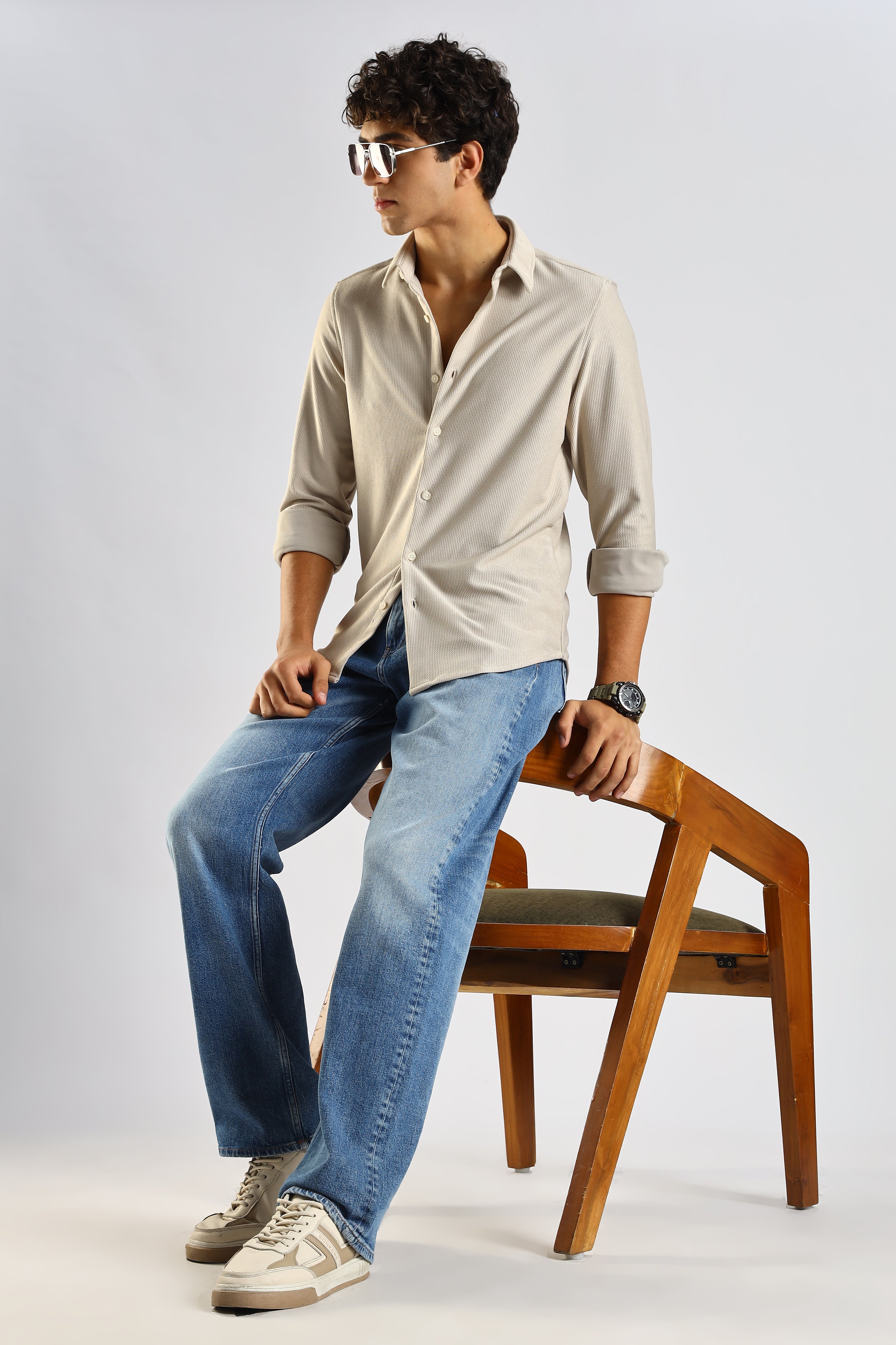Men Cream Textured Spread Collar Shirt