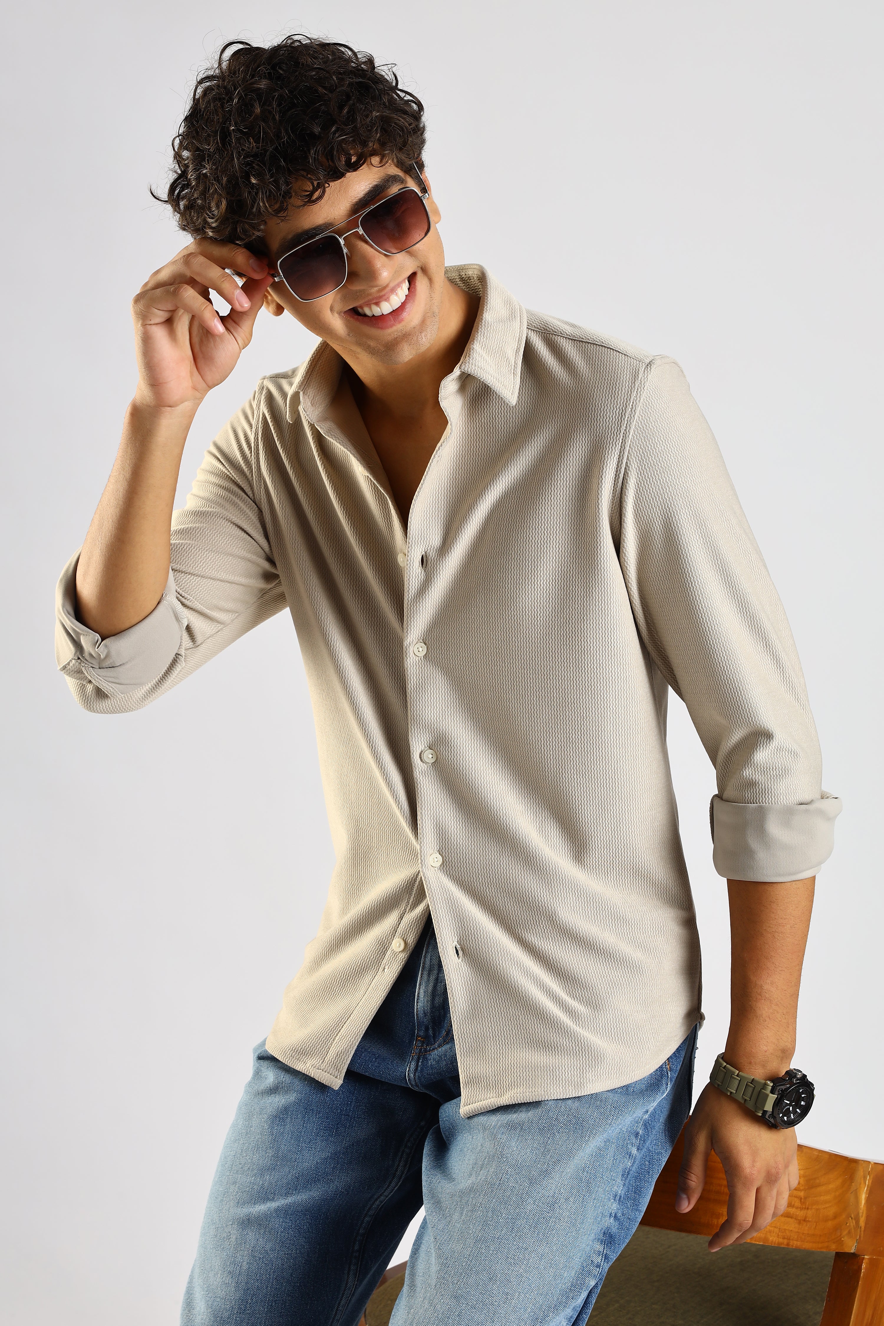 Men Cream Textured Spread Collar Shirt