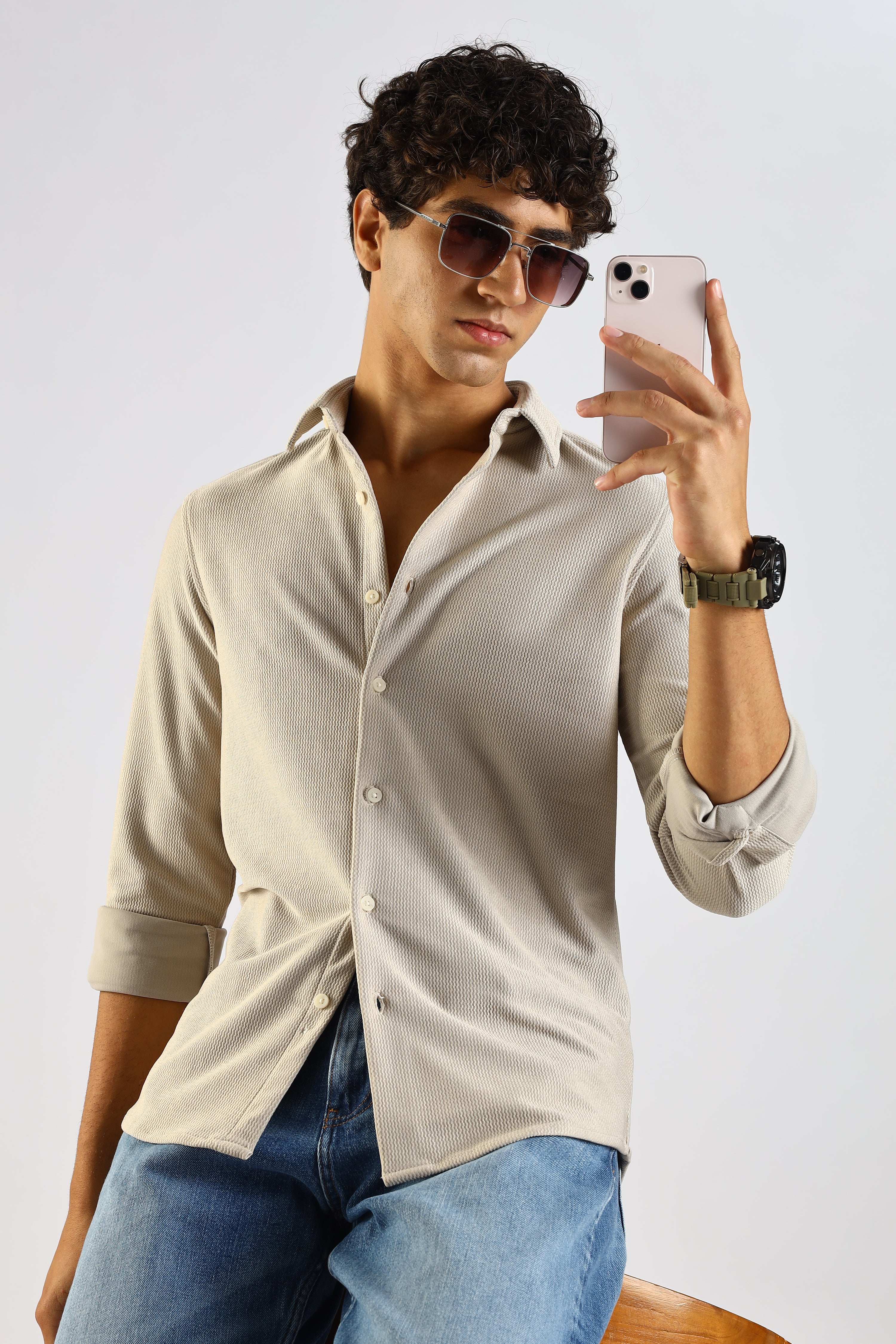 Men Cream Textured Spread Collar Shirt