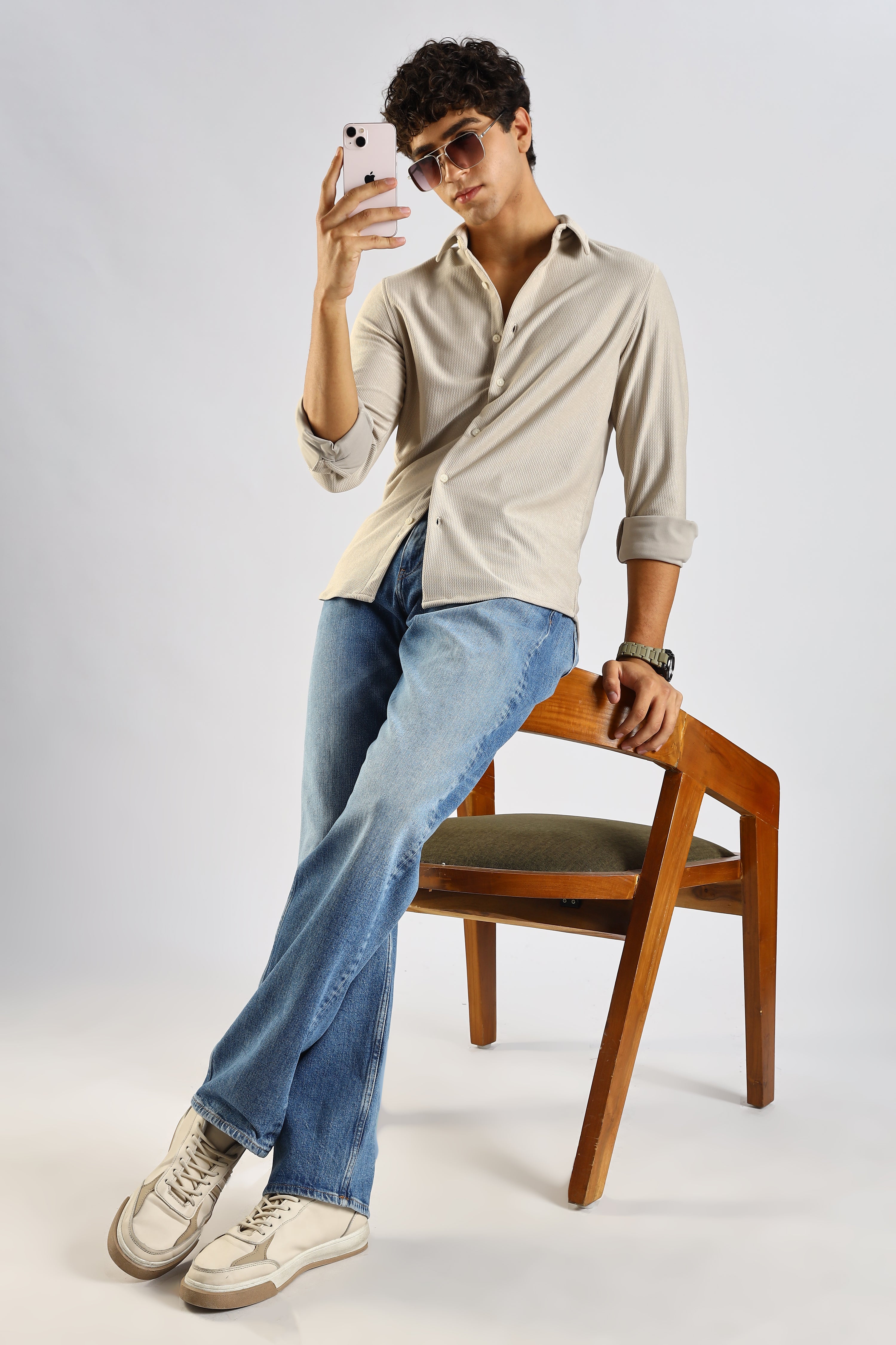Men Cream Textured Spread Collar Shirt