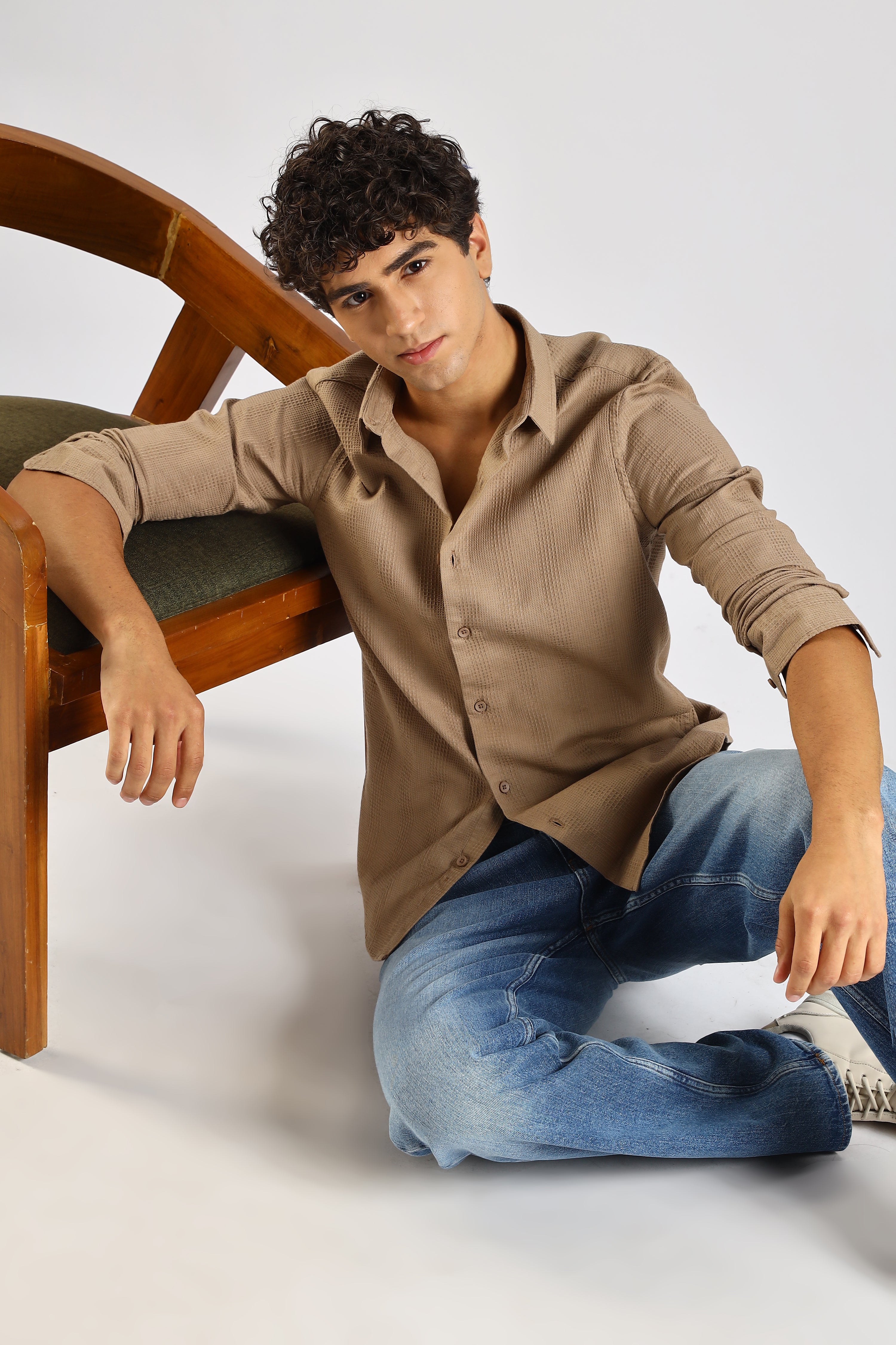 Men Brown Textured Cotton Shirt