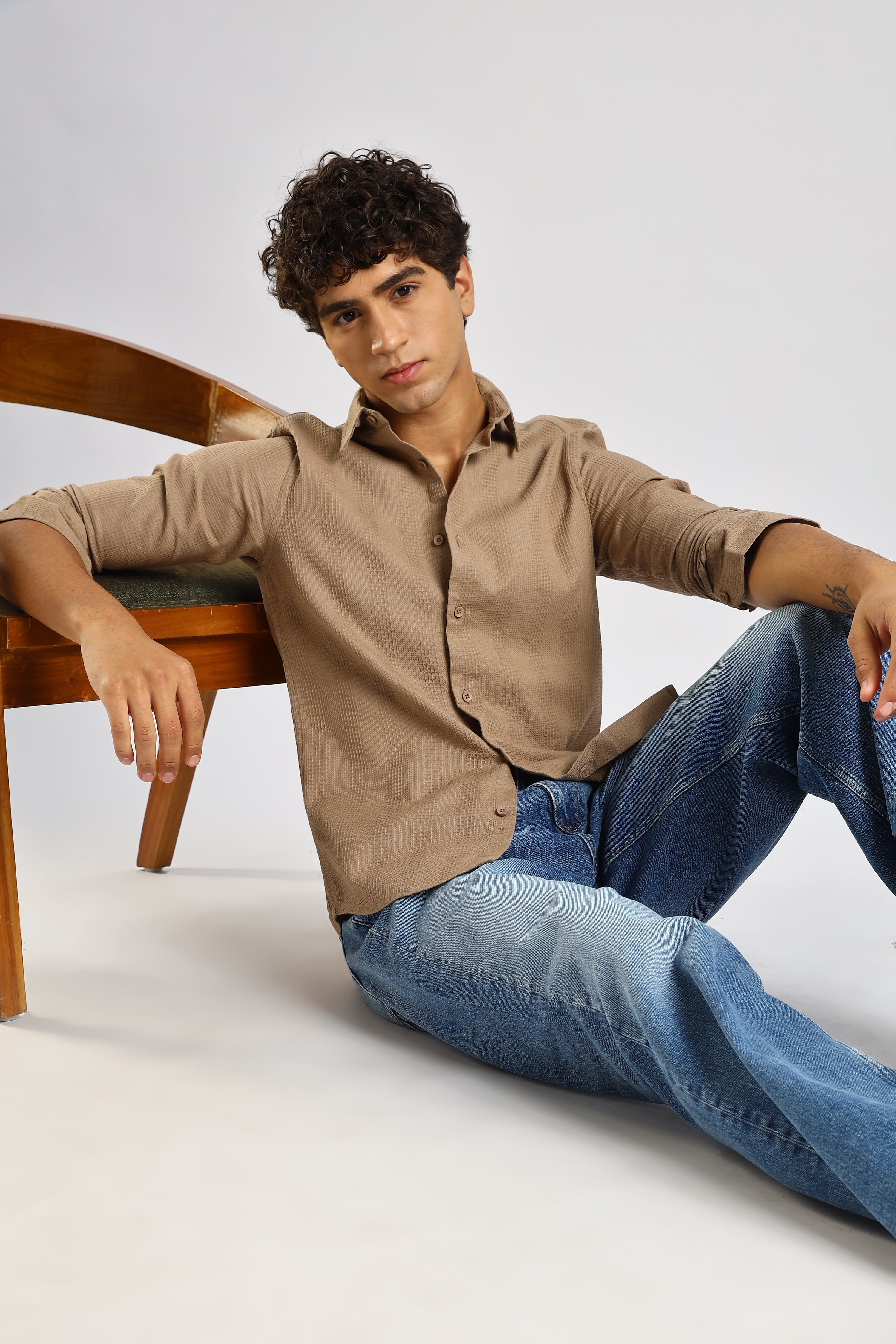 Men Brown Textured Cotton Shirt