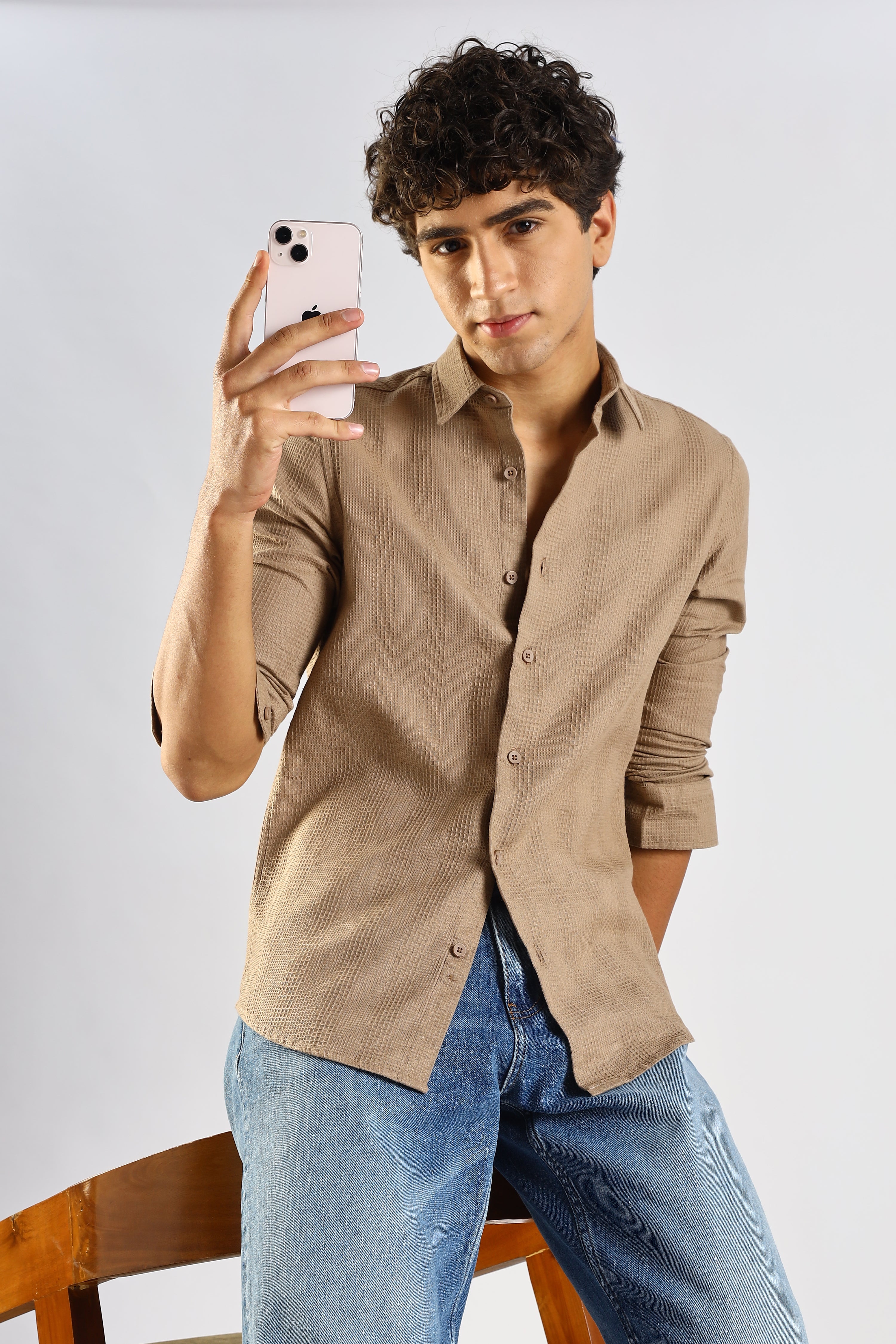 Men Brown Textured Cotton Shirt