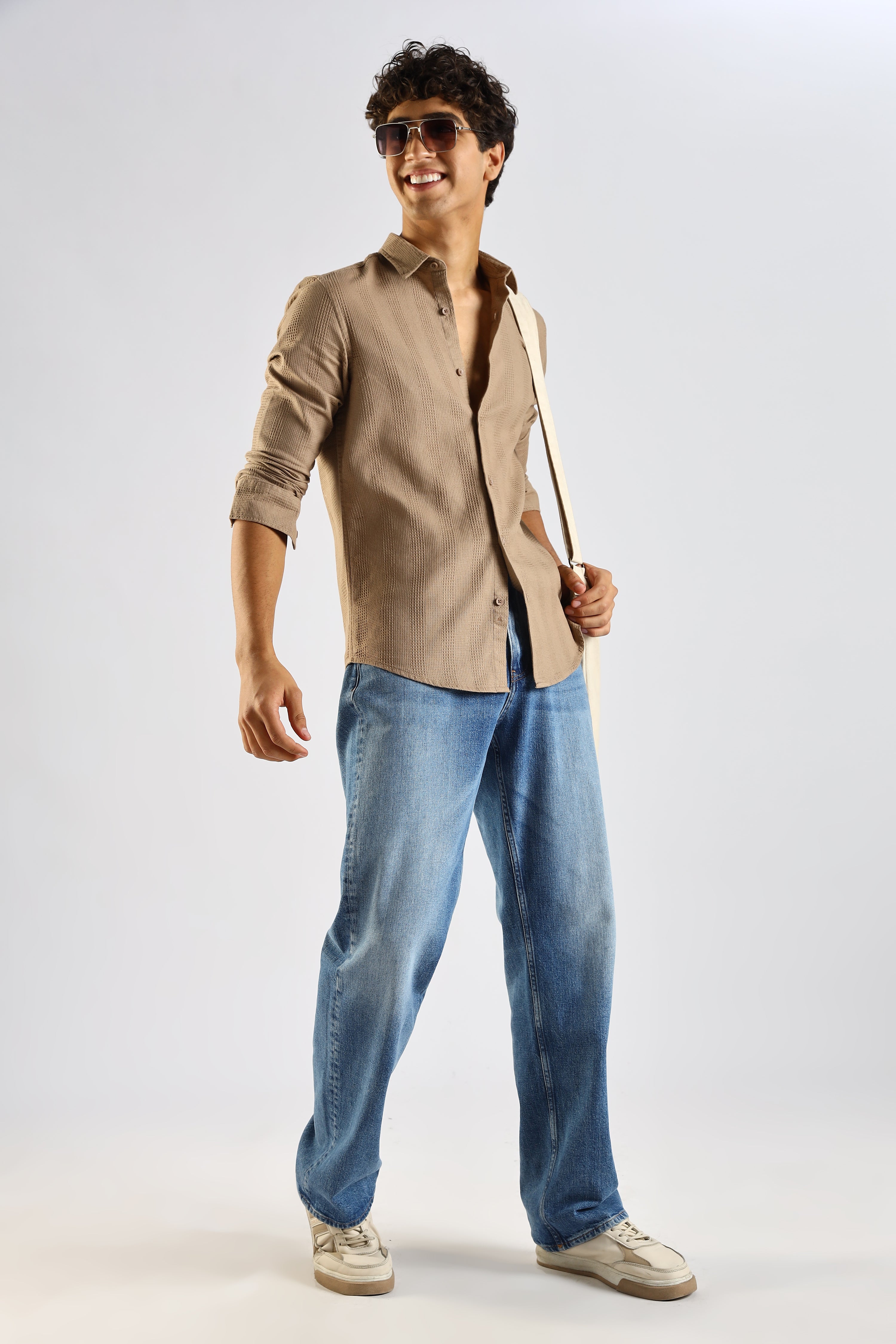 Men Brown Textured Cotton Shirt
