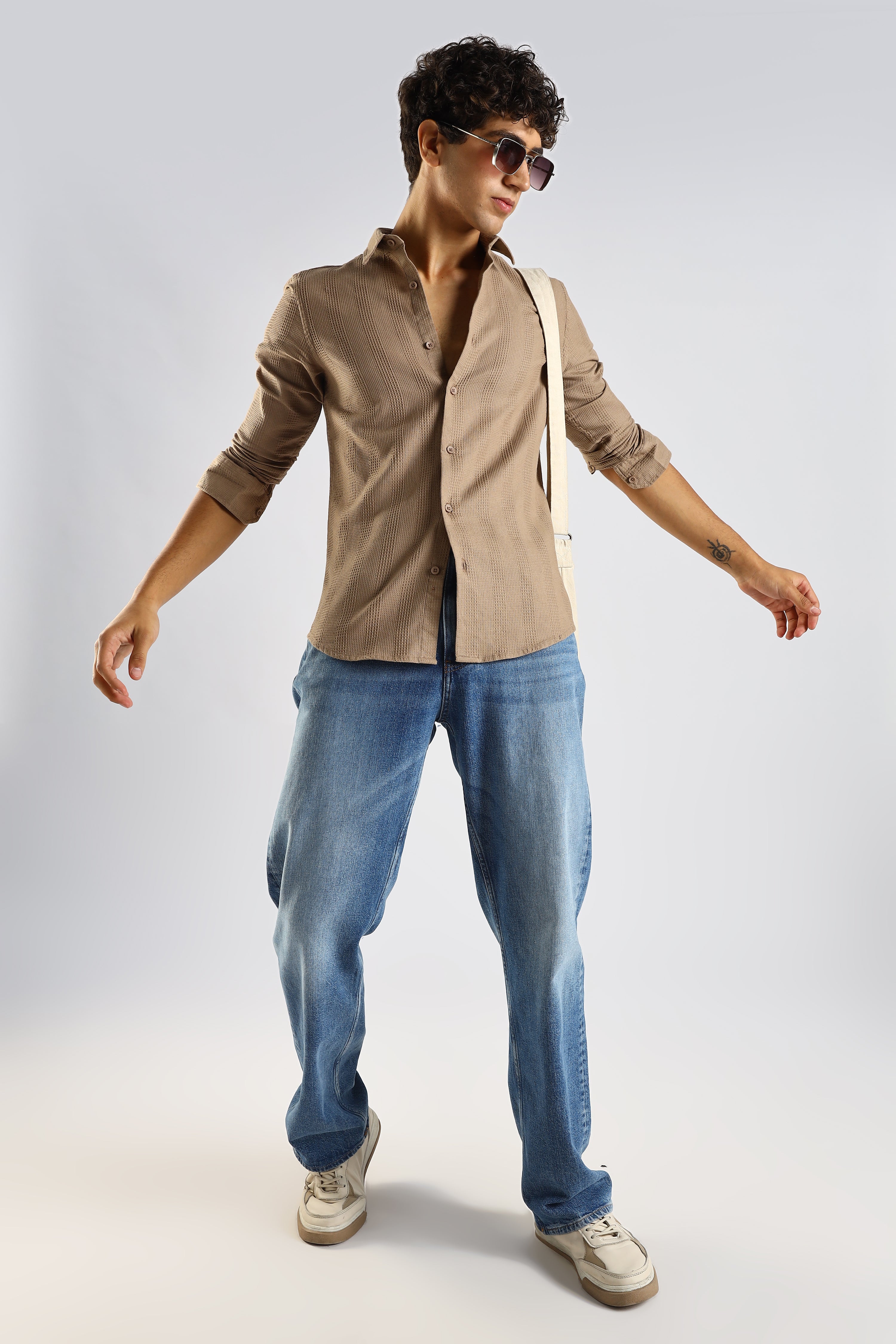 Men Brown Textured Cotton Shirt