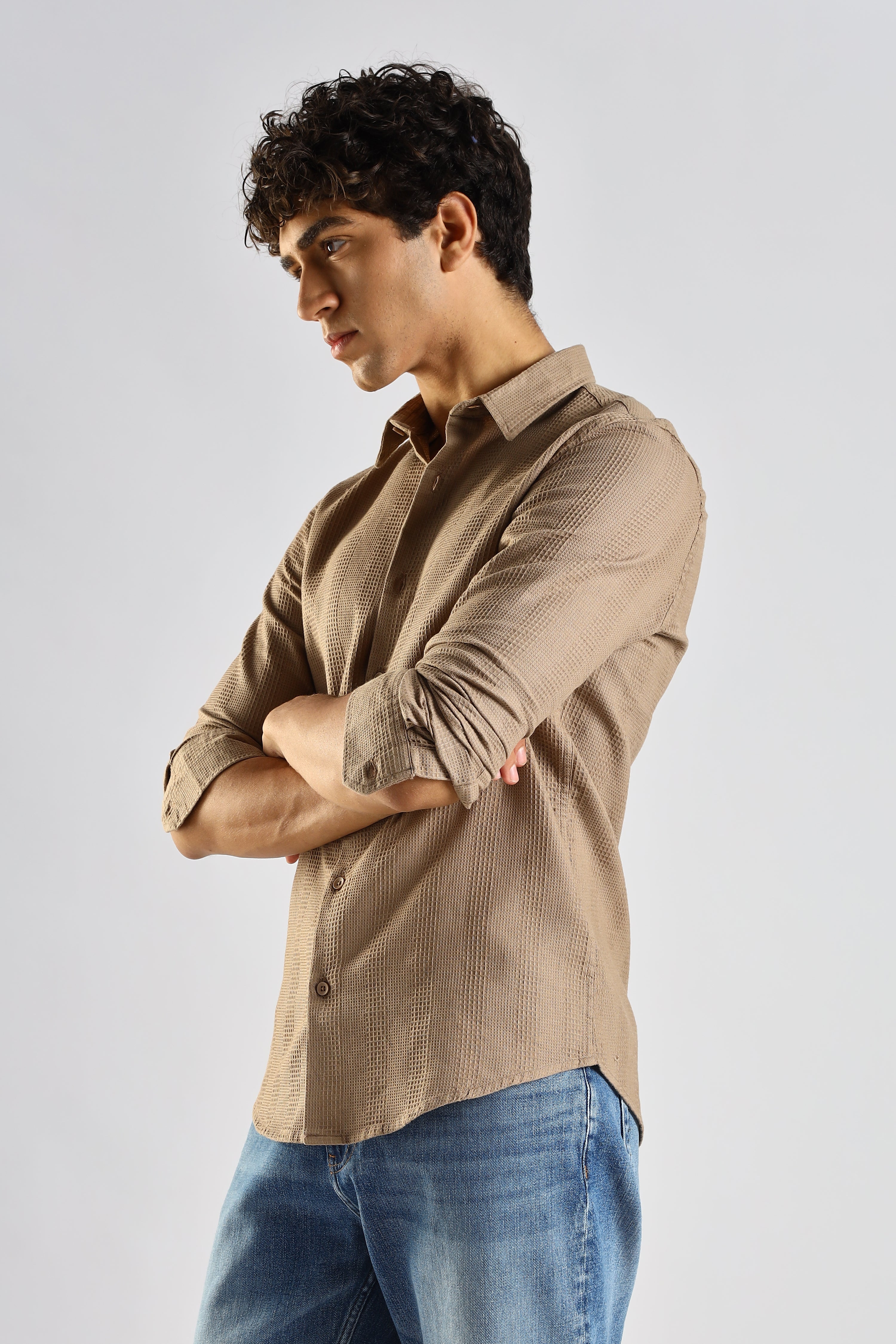 Men Brown Textured Cotton Shirt