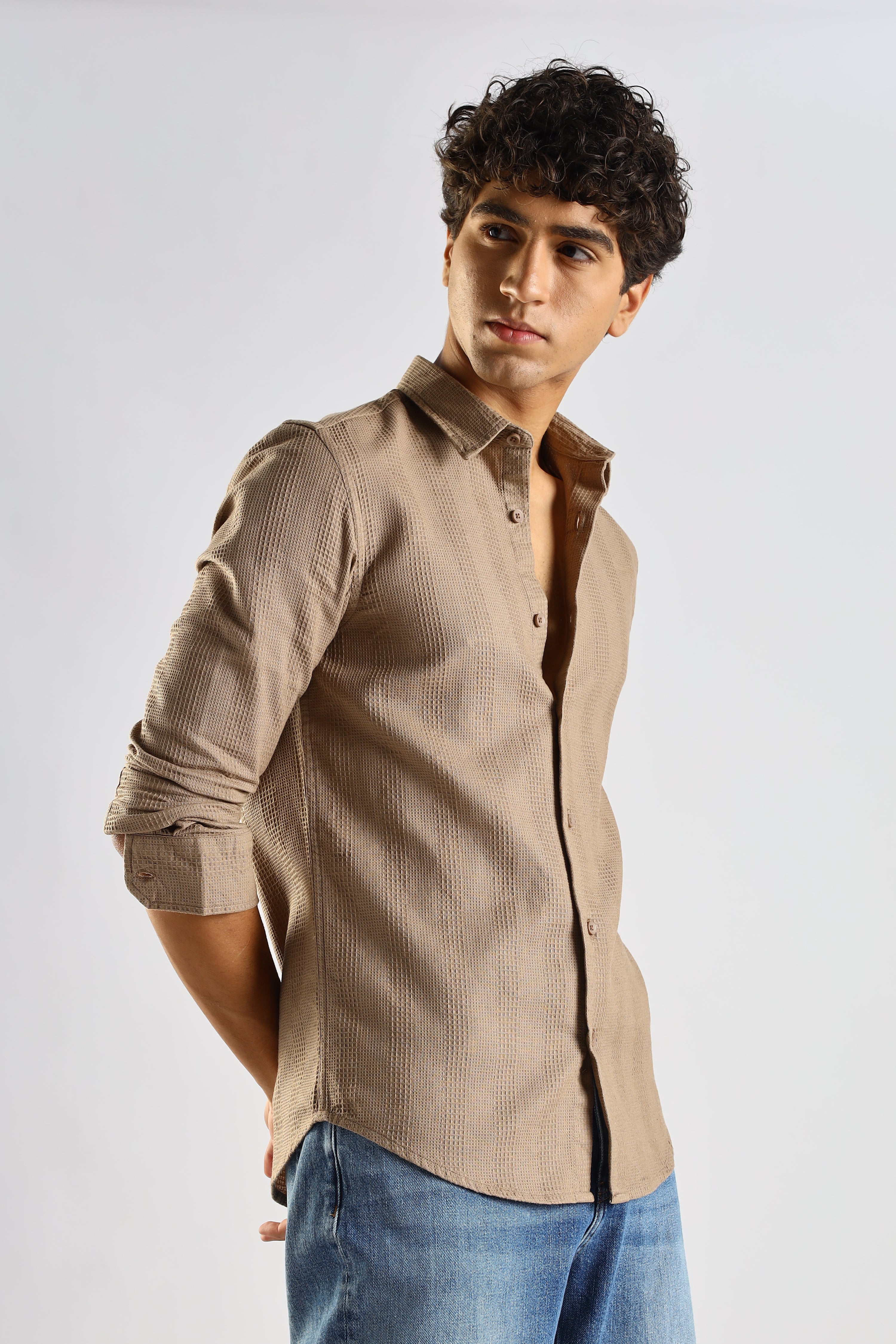 Men Brown Textured Cotton Shirt
