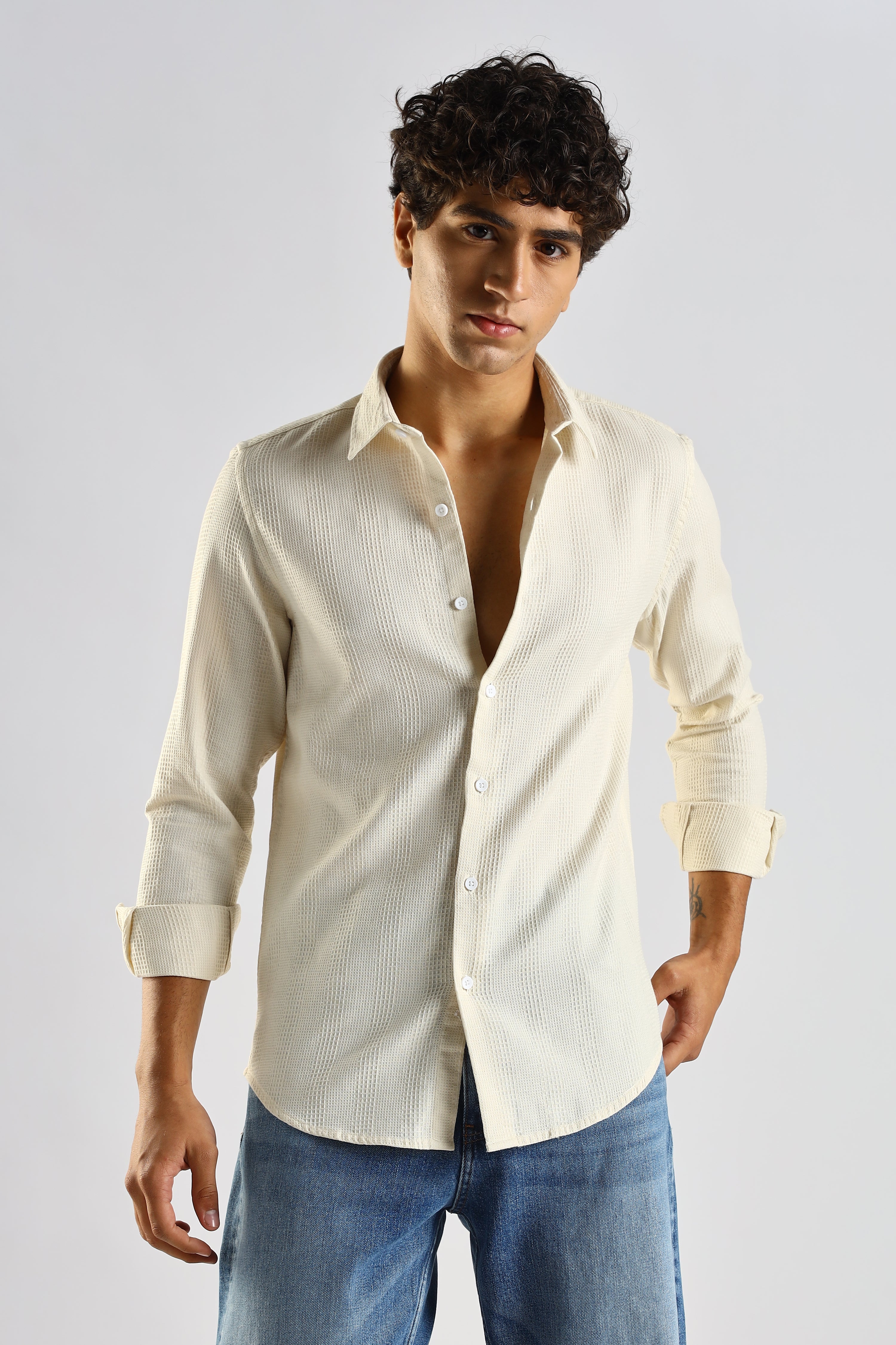 Men Cream Textured Cotton Shirt
