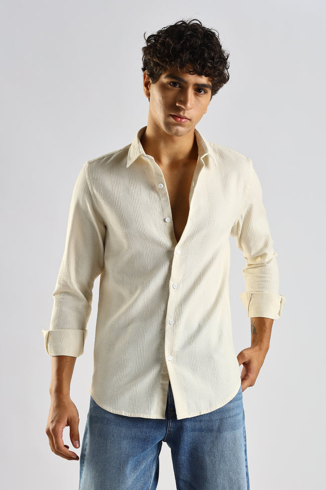 Men Cream Textured Cotton Shirt