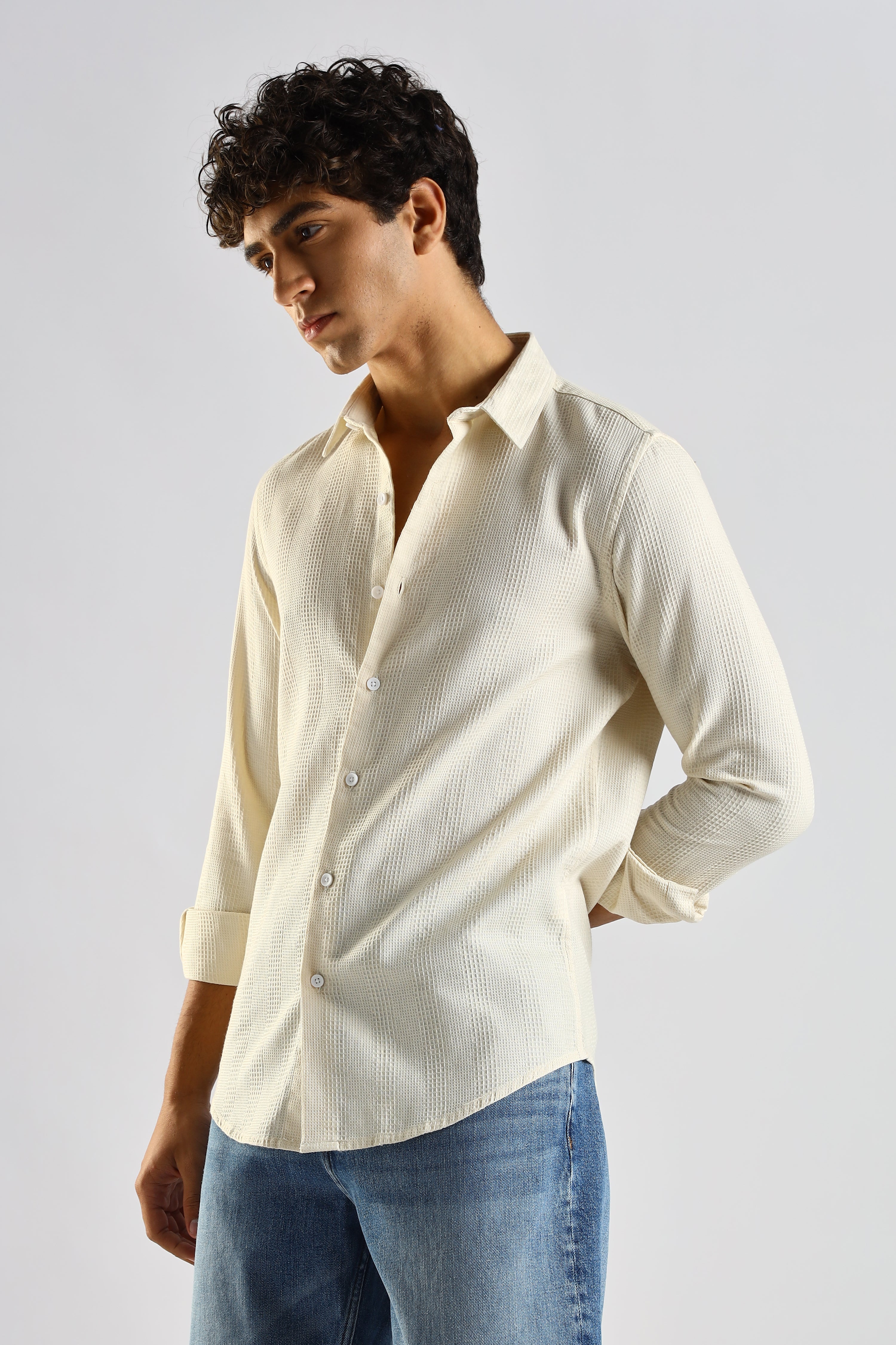 Men Cream Textured Cotton Shirt