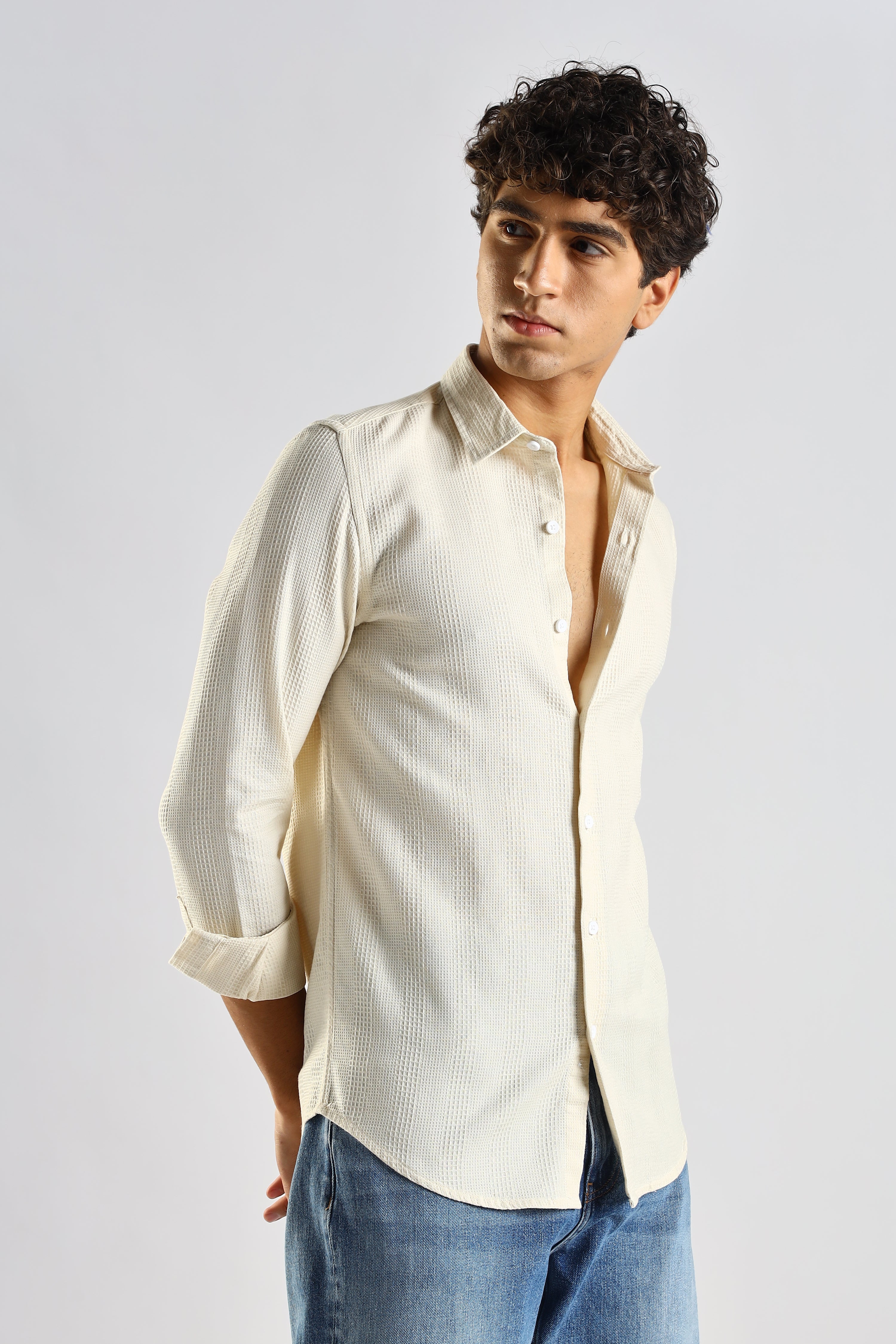 Men Cream Textured Cotton Shirt