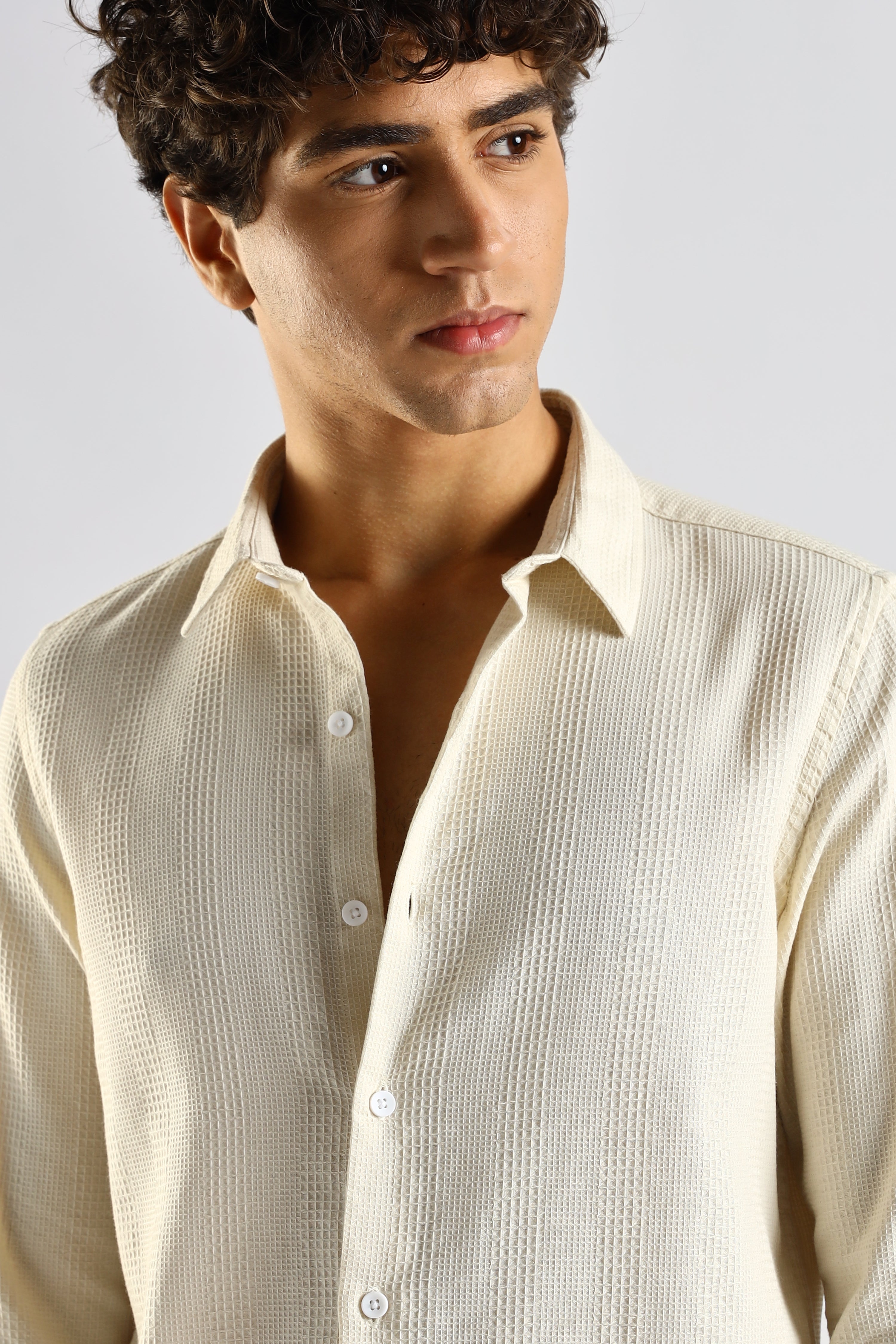 Men Cream Textured Cotton Shirt