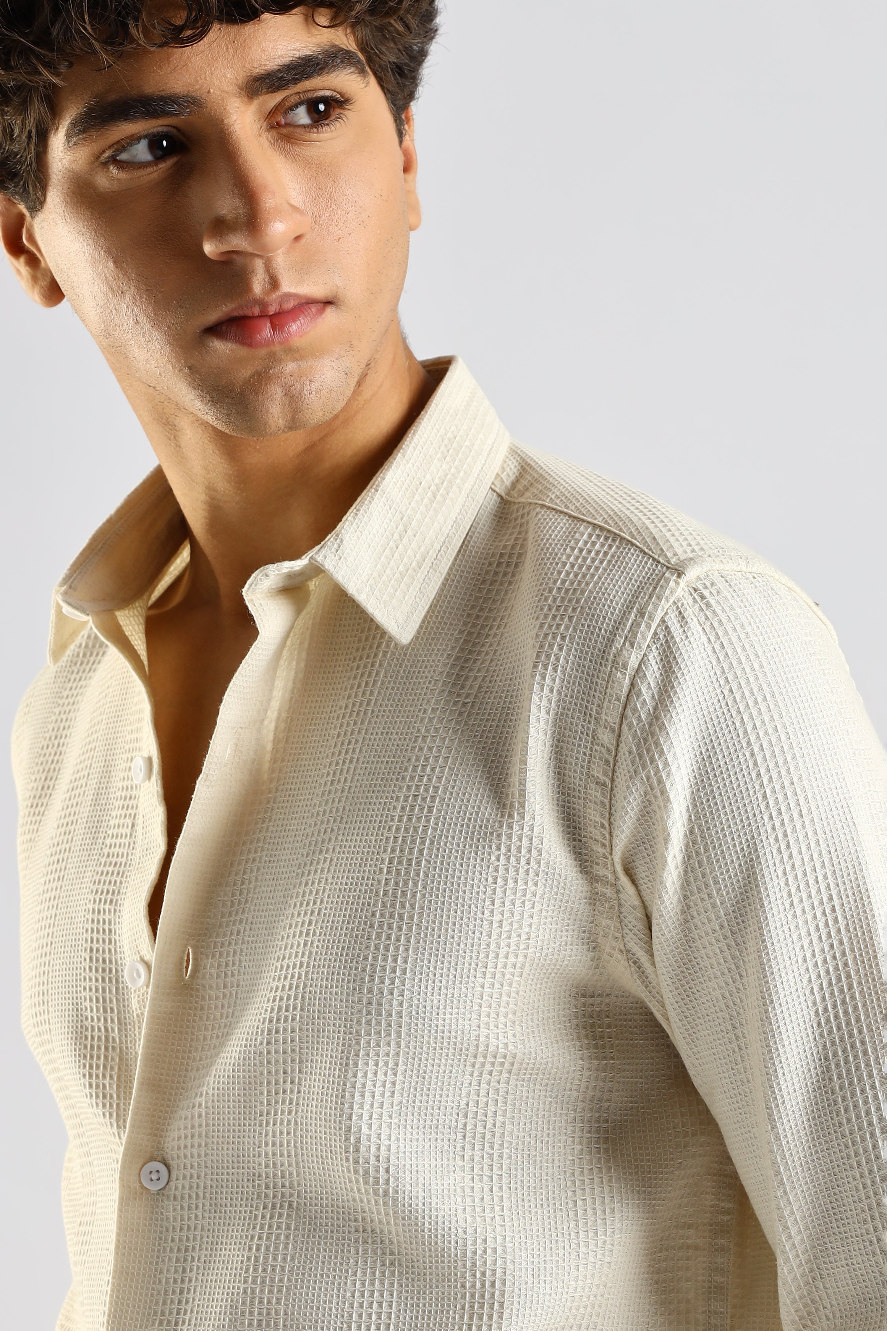 Men Cream Textured Cotton Shirt