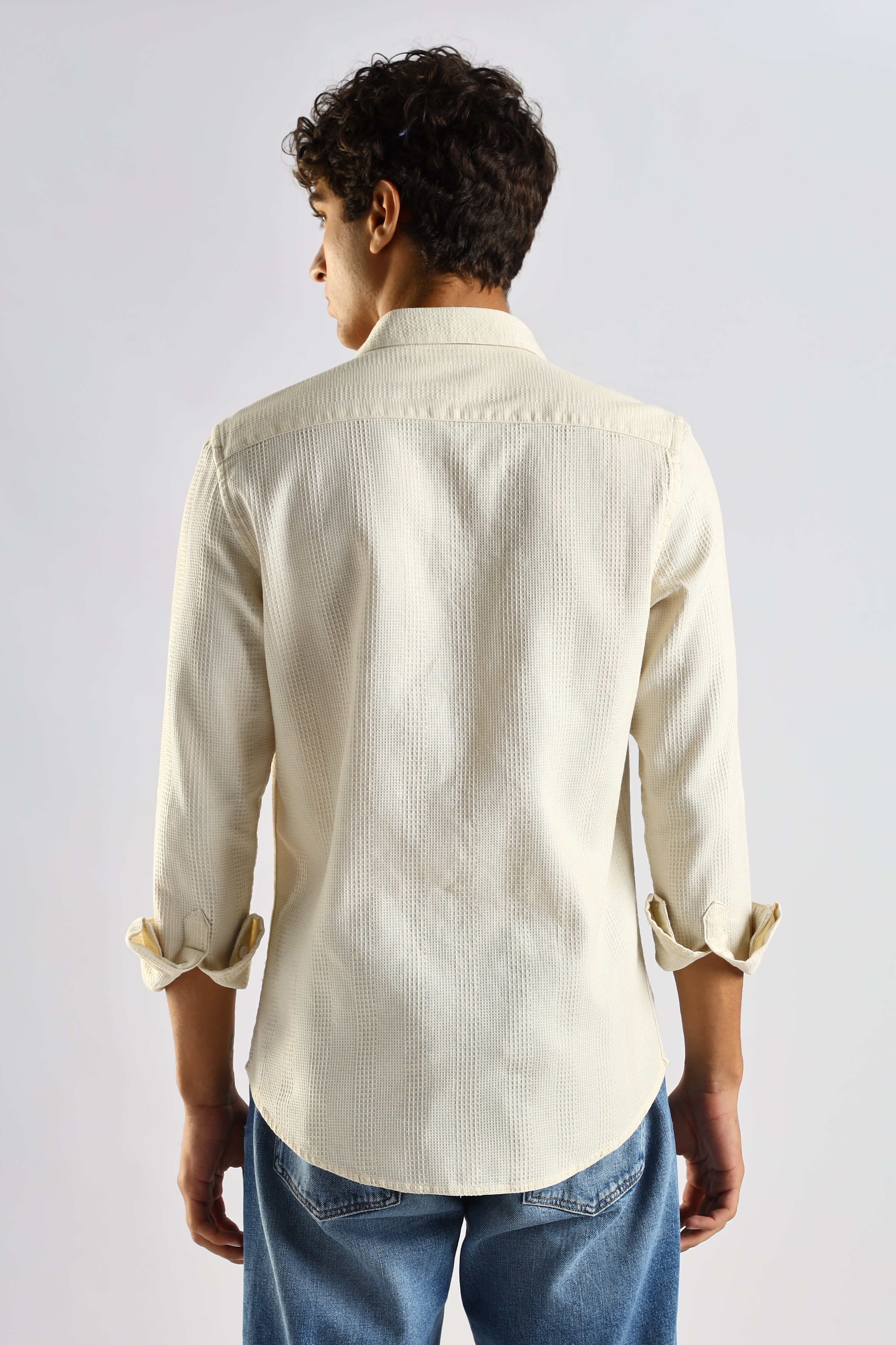 Men Cream Textured Cotton Shirt