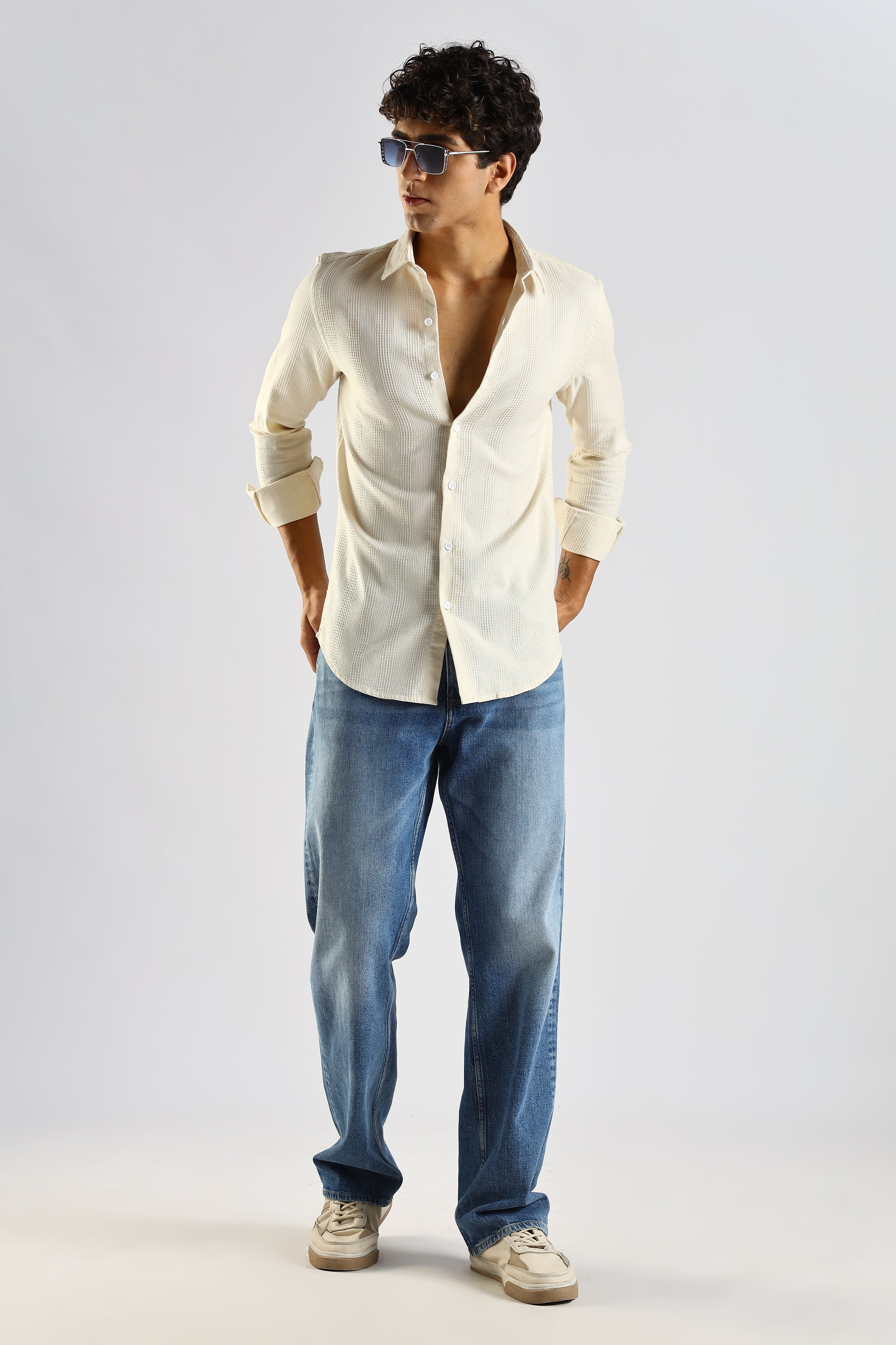 Men Cream Textured Cotton Shirt