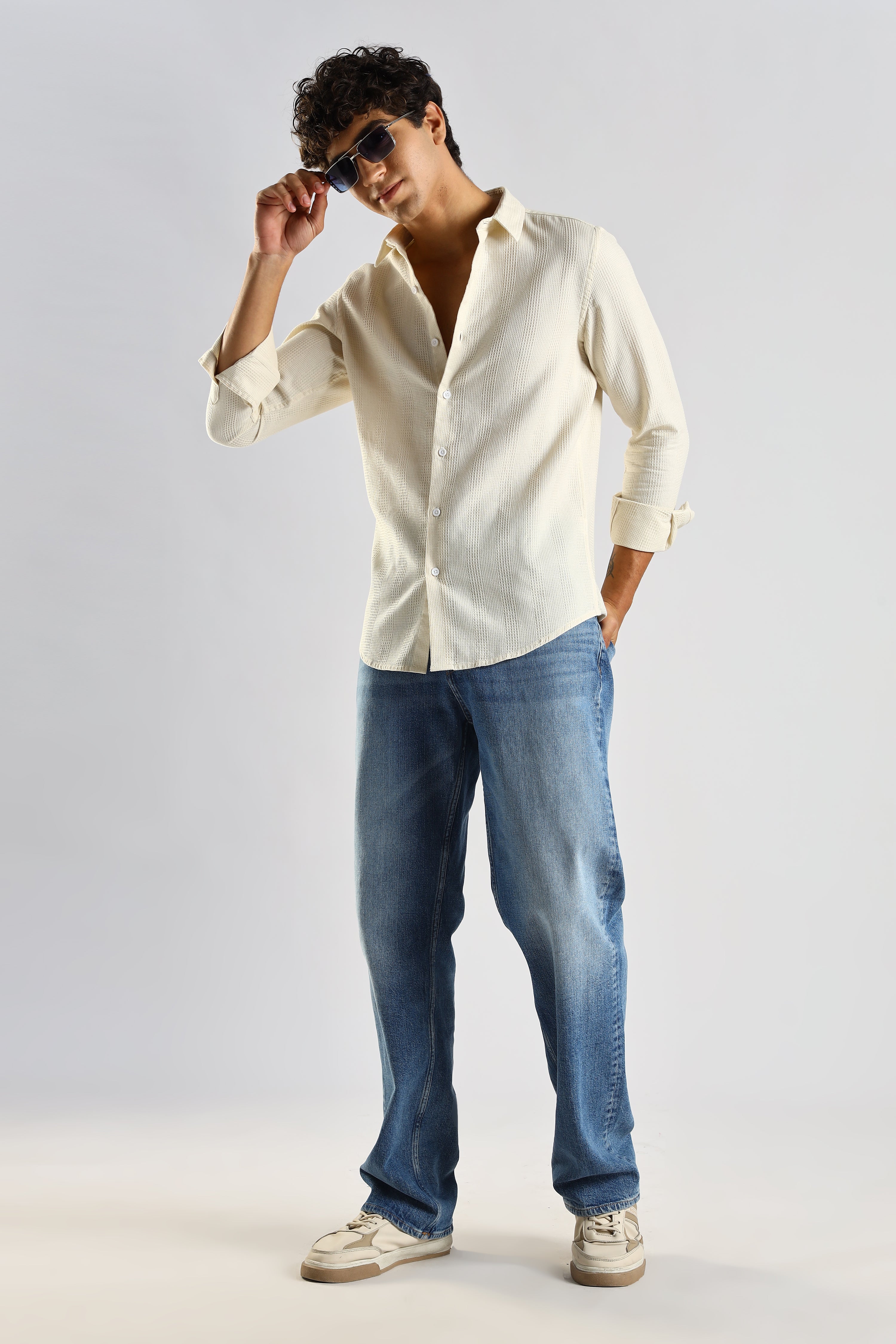 Men Cream Textured Cotton Shirt