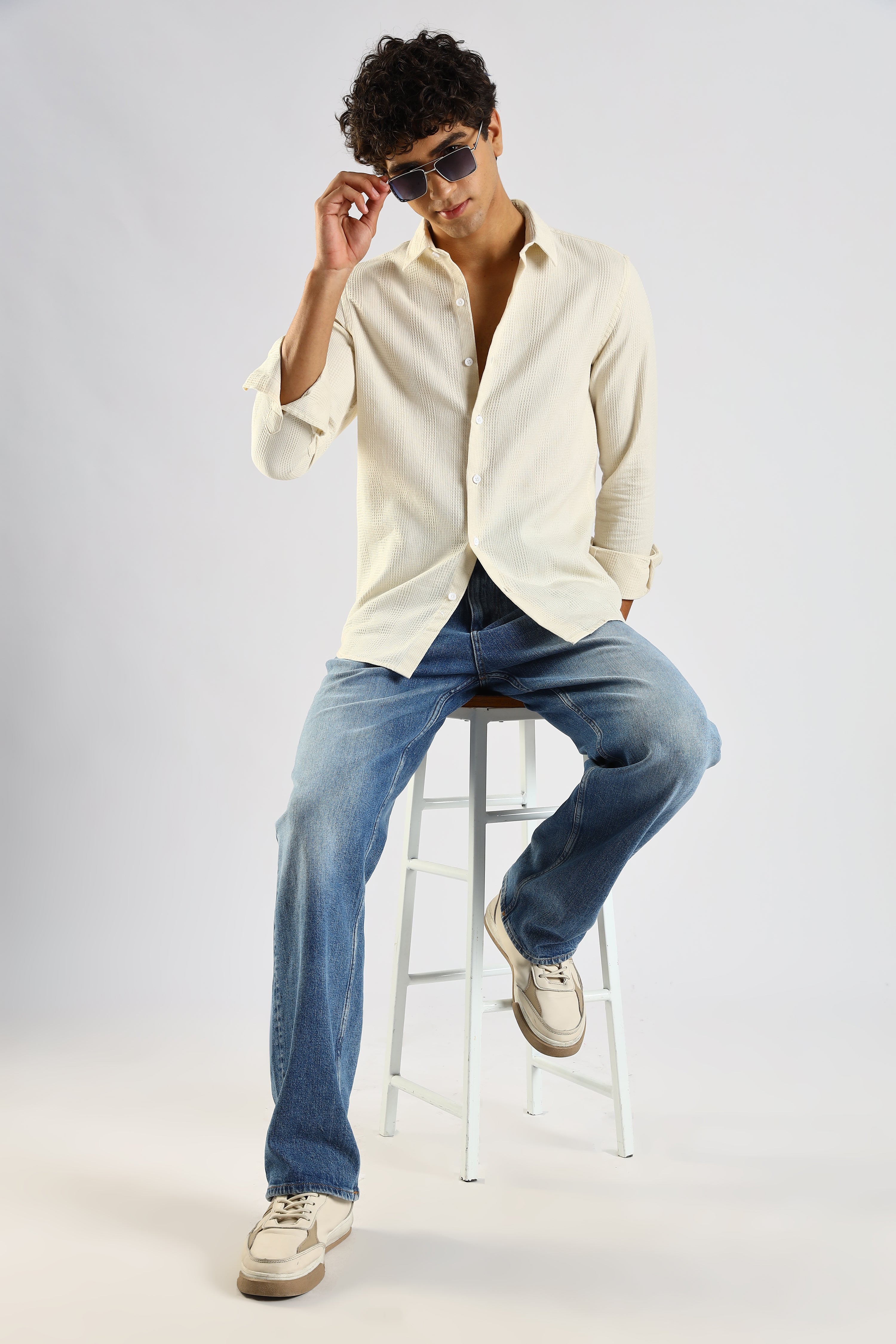 Men Cream Textured Cotton Shirt