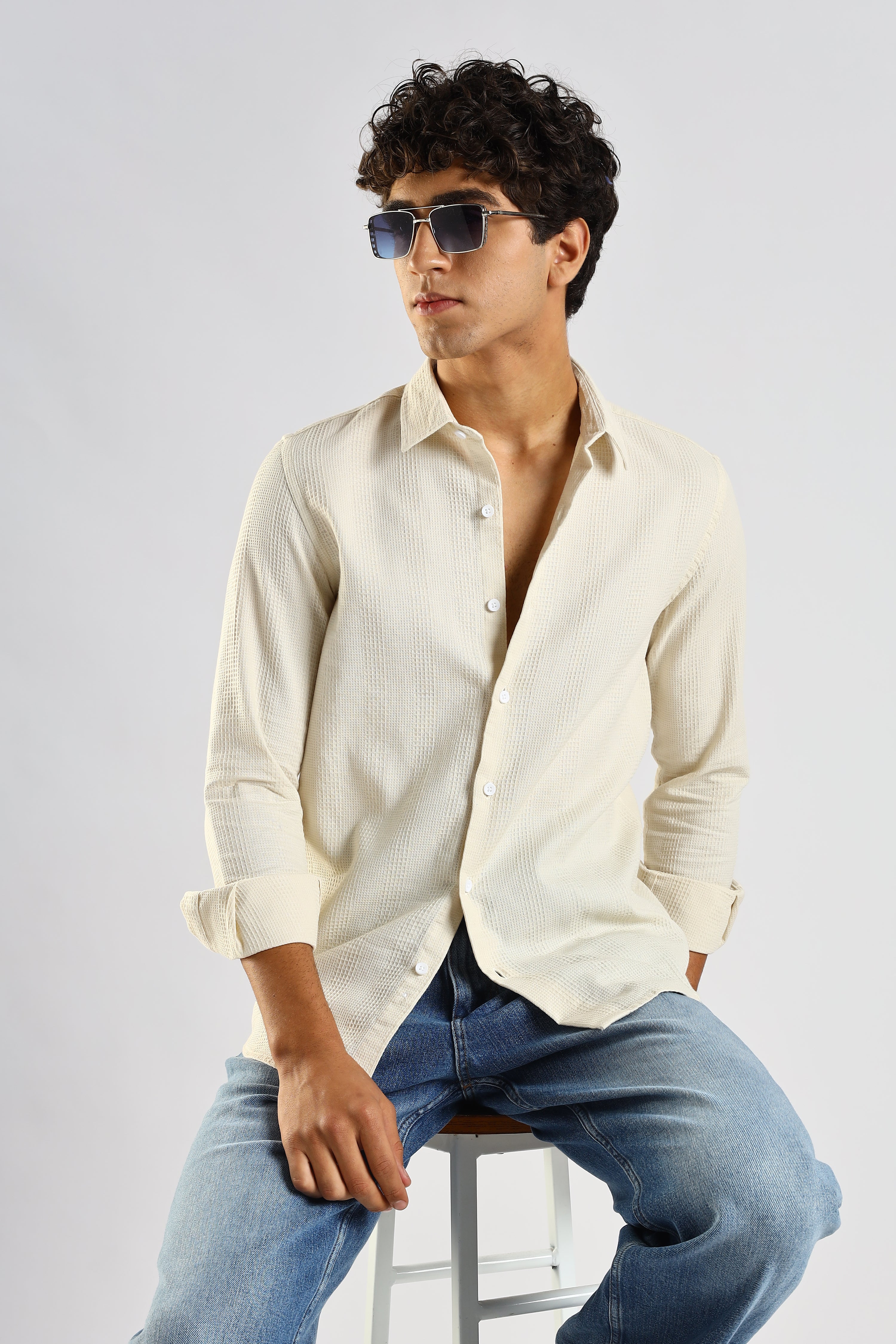 Men Cream Textured Cotton Shirt