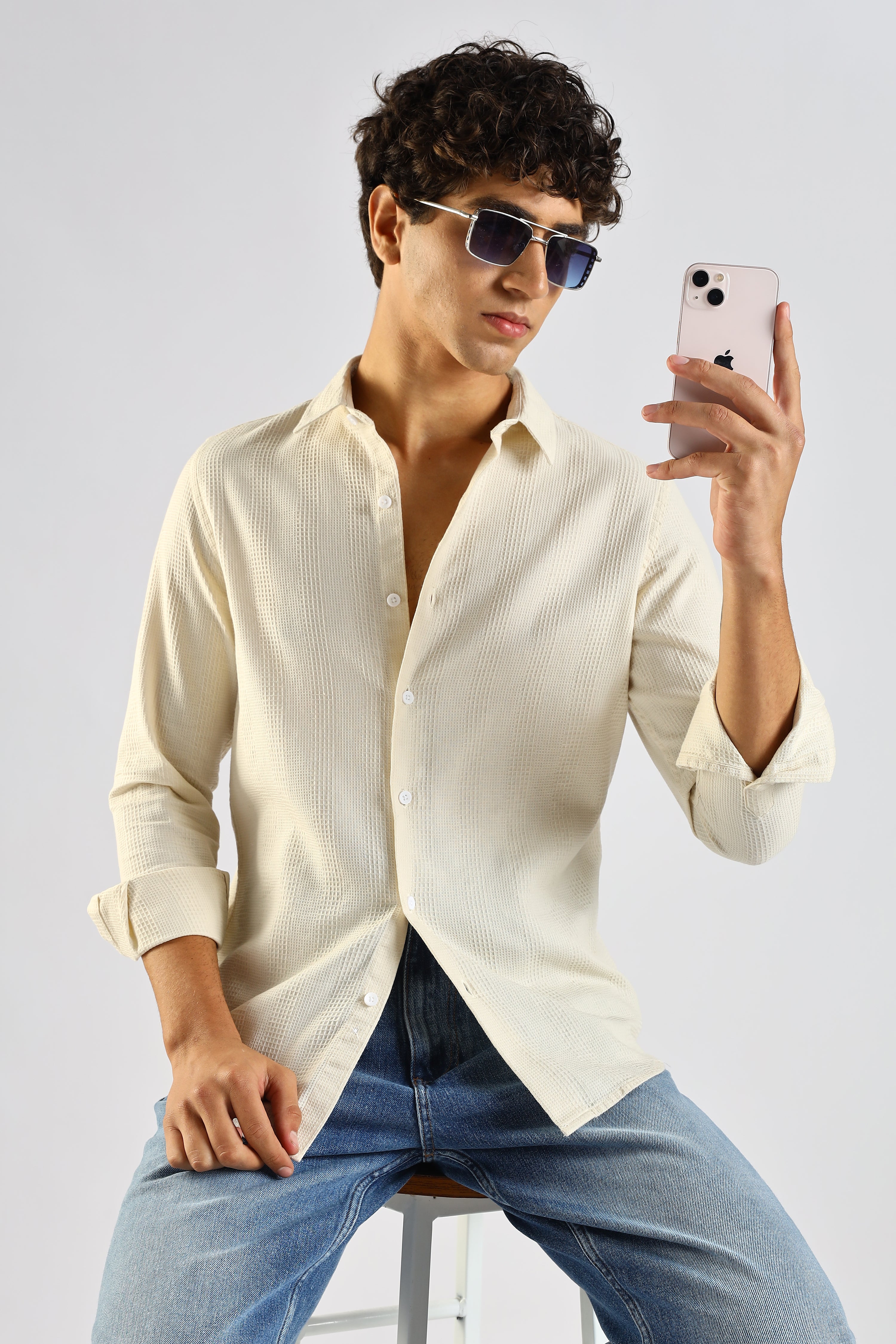Men Cream Textured Cotton Shirt
