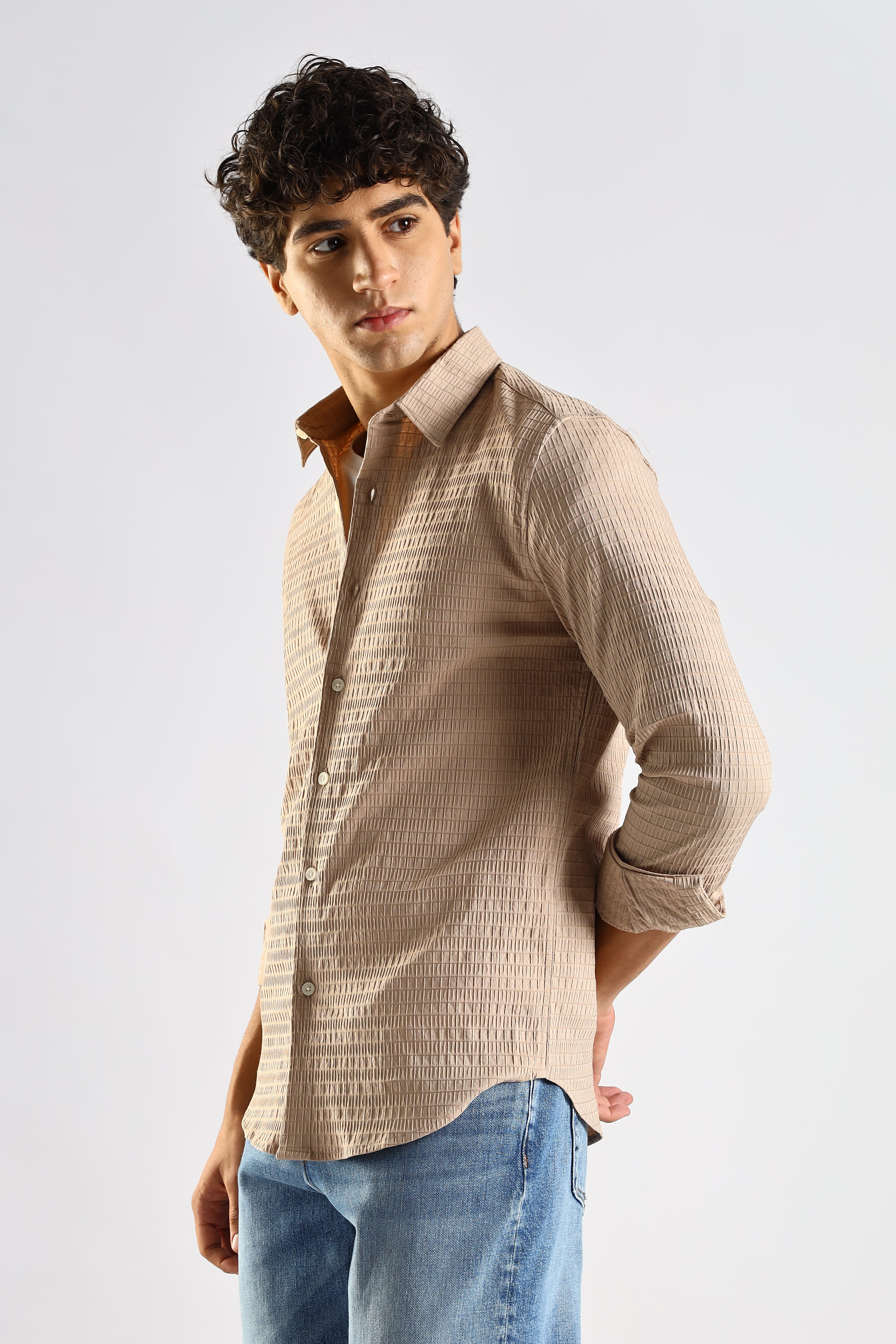 Men Brown Poly Blend Slim Fit Shirt