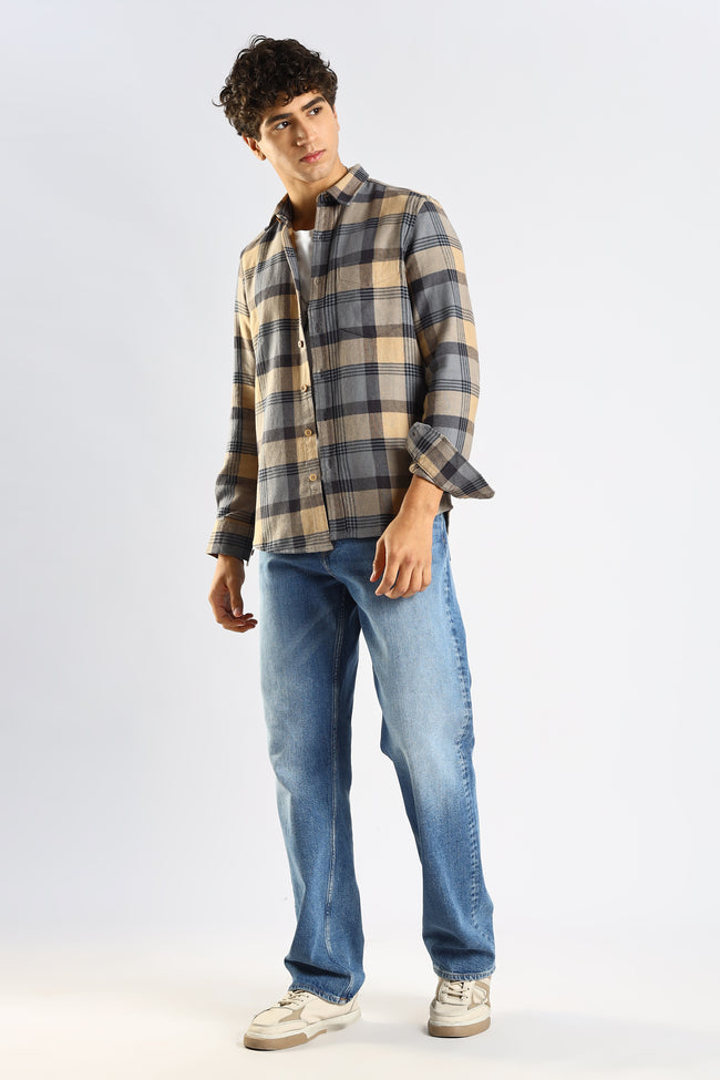 Men Grey Cotton Blend Checked Shirt