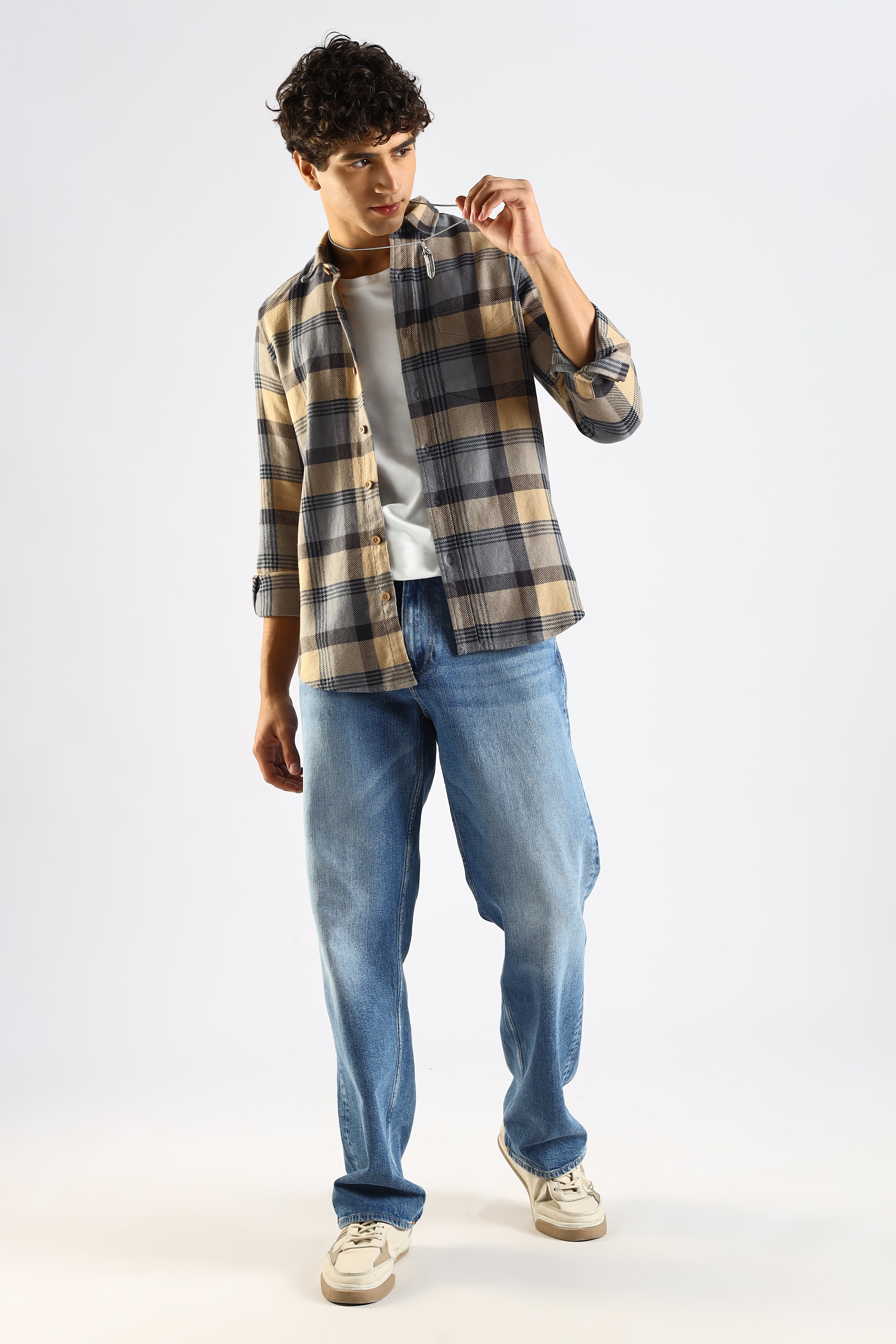 Men Grey Cotton Blend Checked Shirt