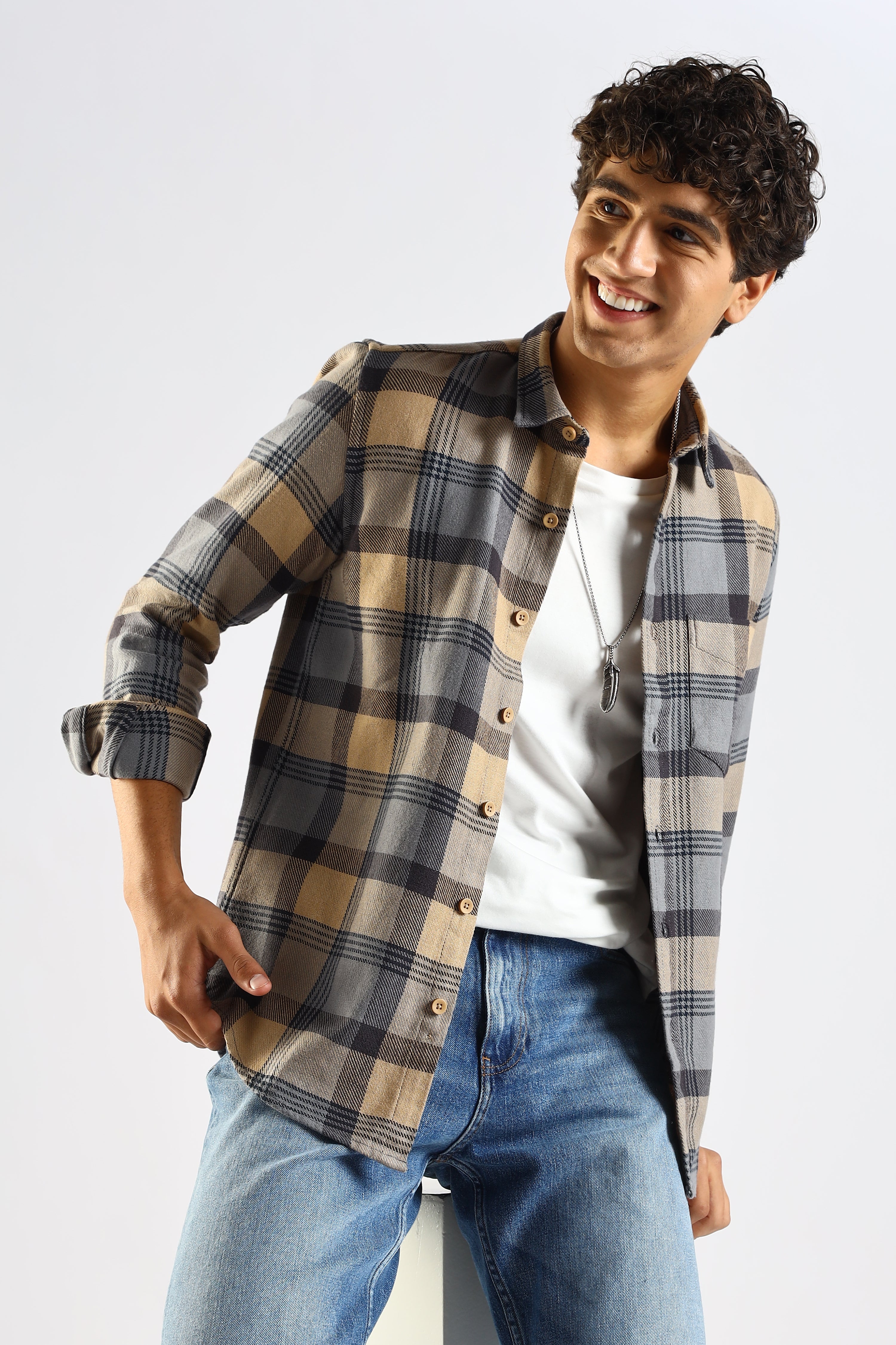 Men Grey Cotton Blend Checked Shirt