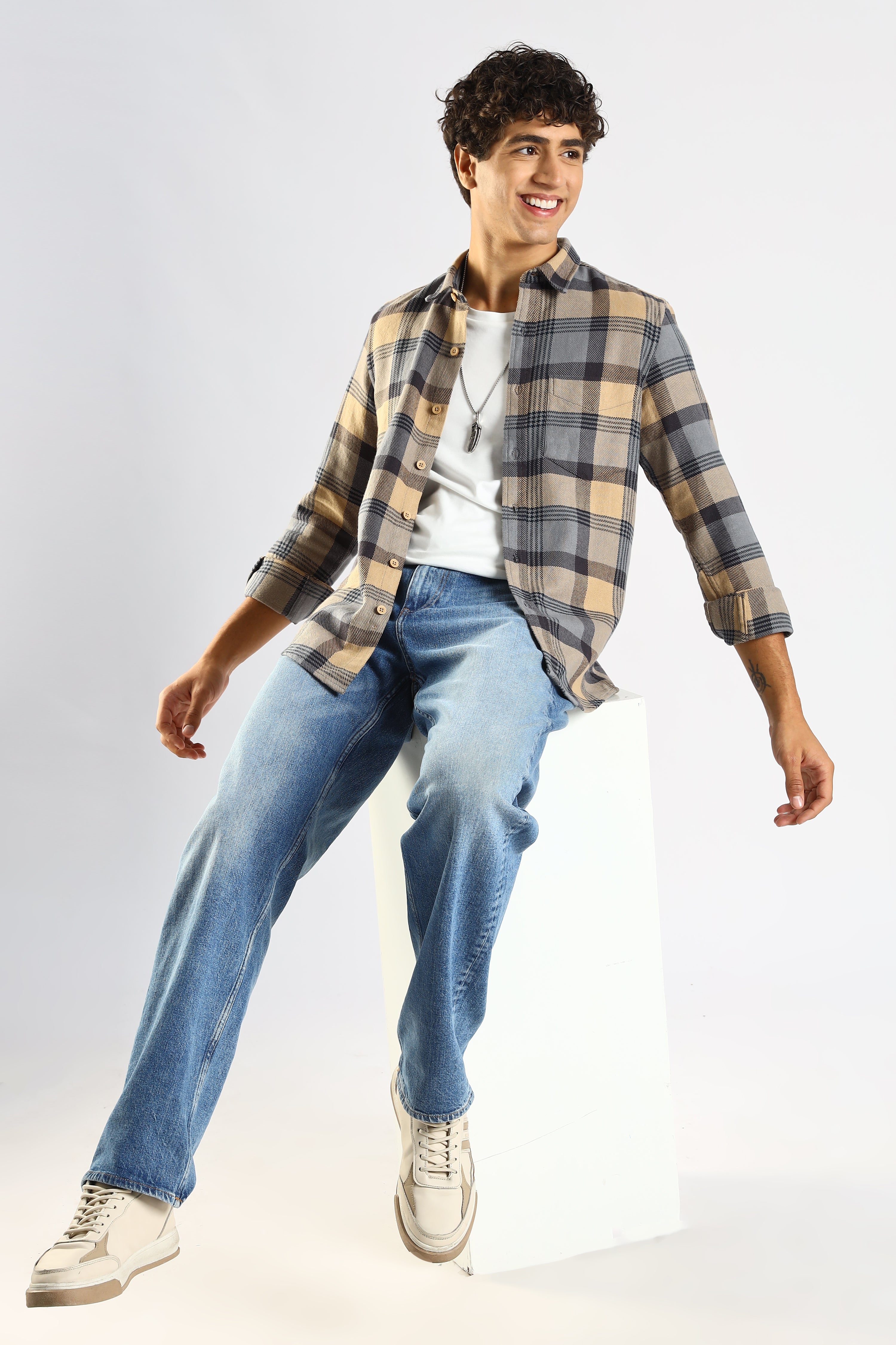 Men Grey Cotton Blend Checked Shirt