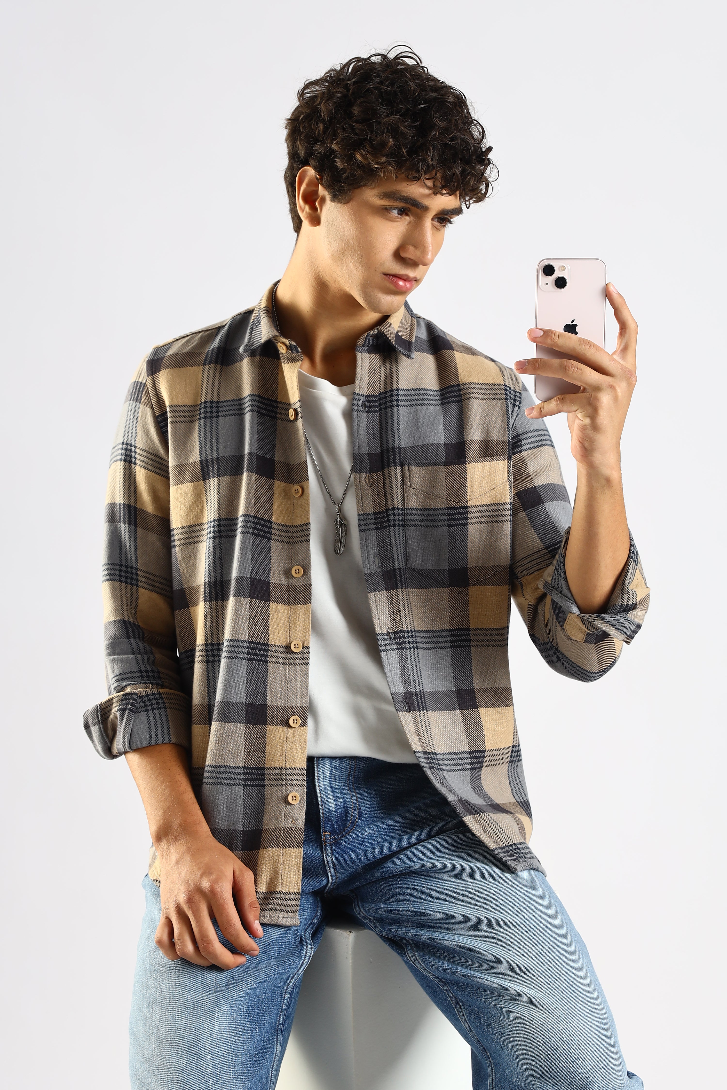Men Grey Cotton Blend Checked Shirt