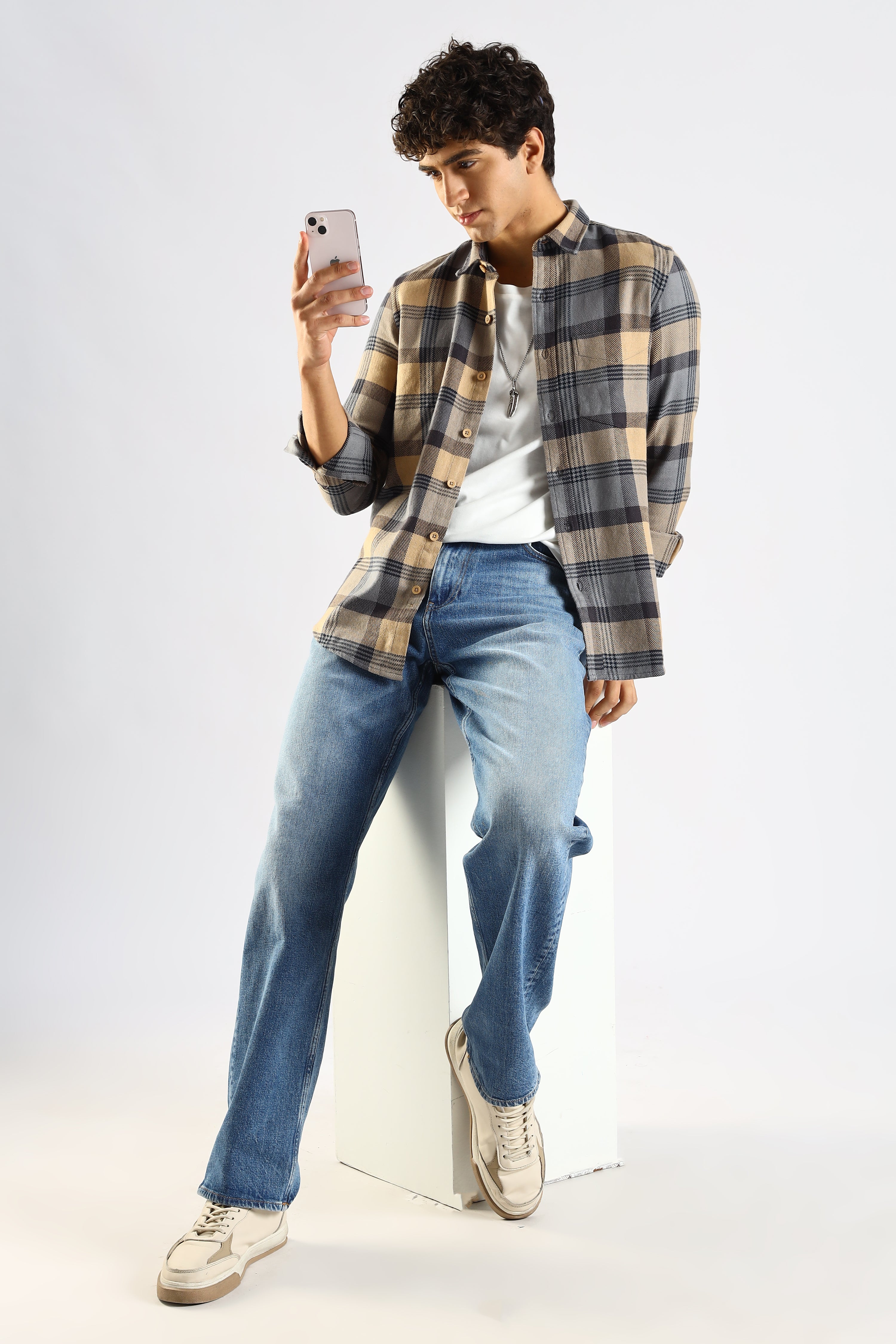 Men Grey Cotton Blend Checked Shirt