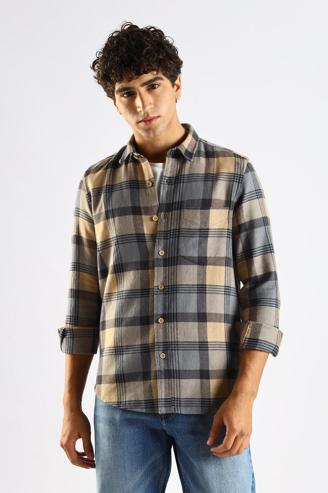 Men Grey Cotton Blend Checked Shirt