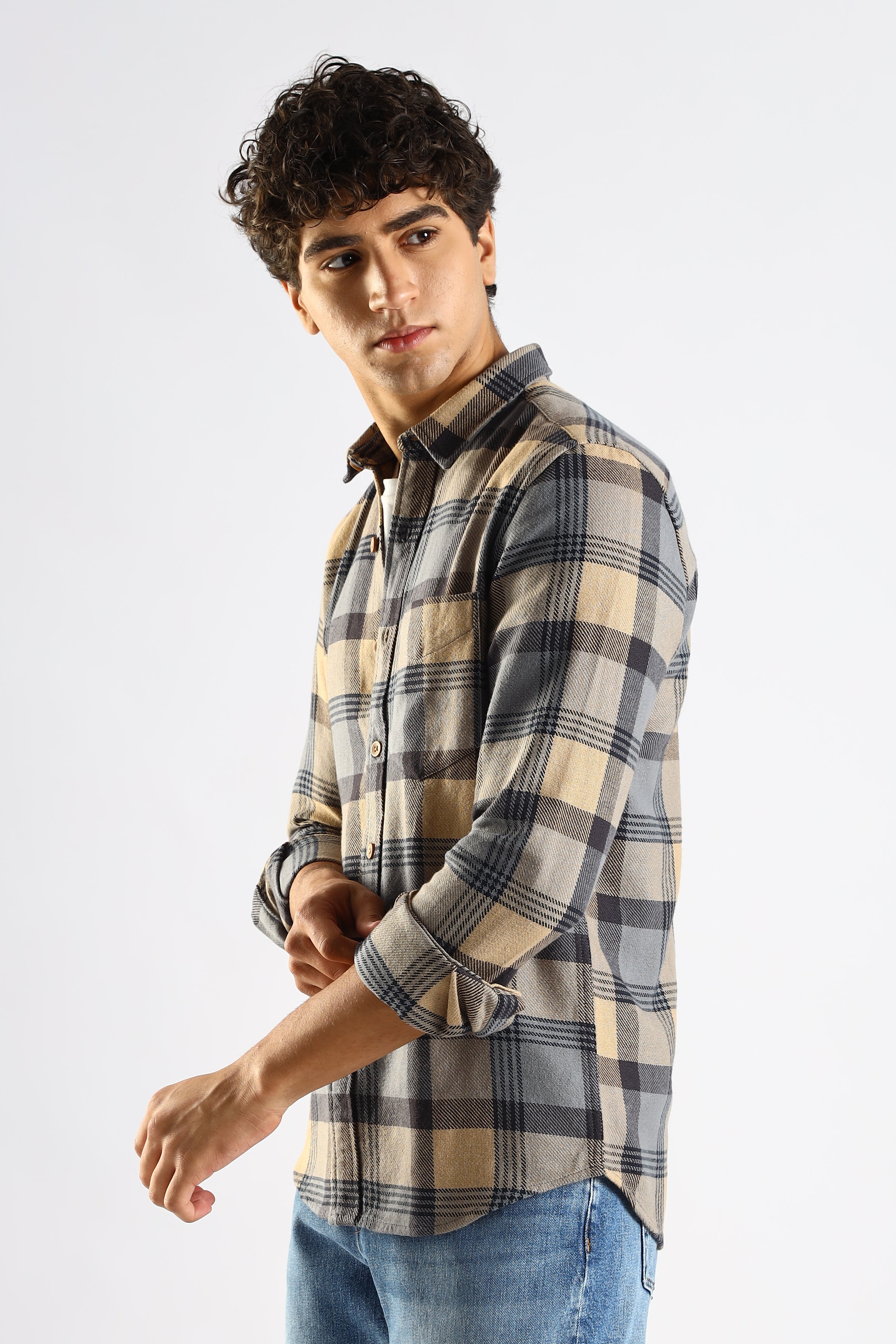 Men Grey Cotton Blend Checked Shirt