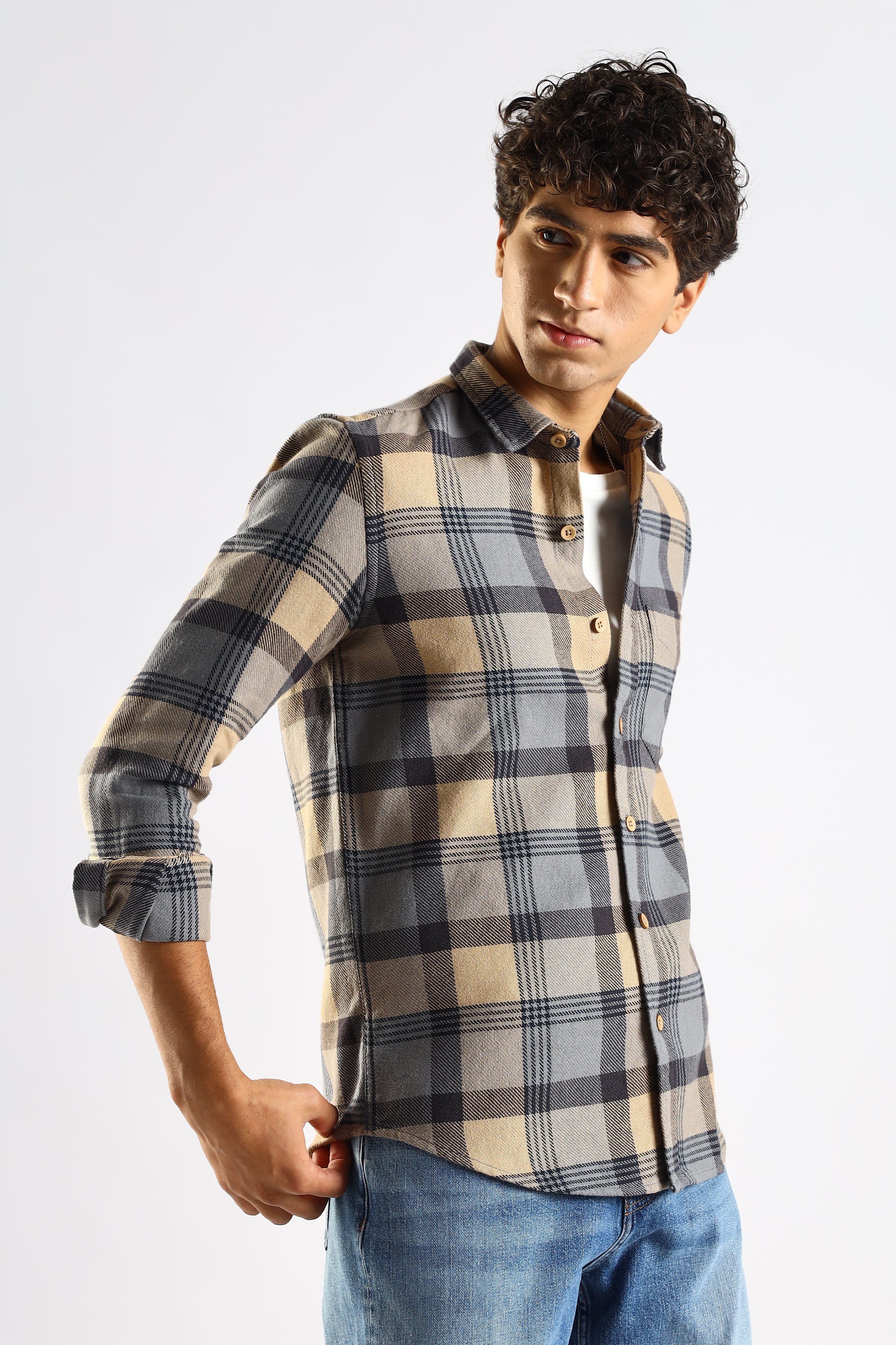 Men Grey Cotton Blend Checked Shirt