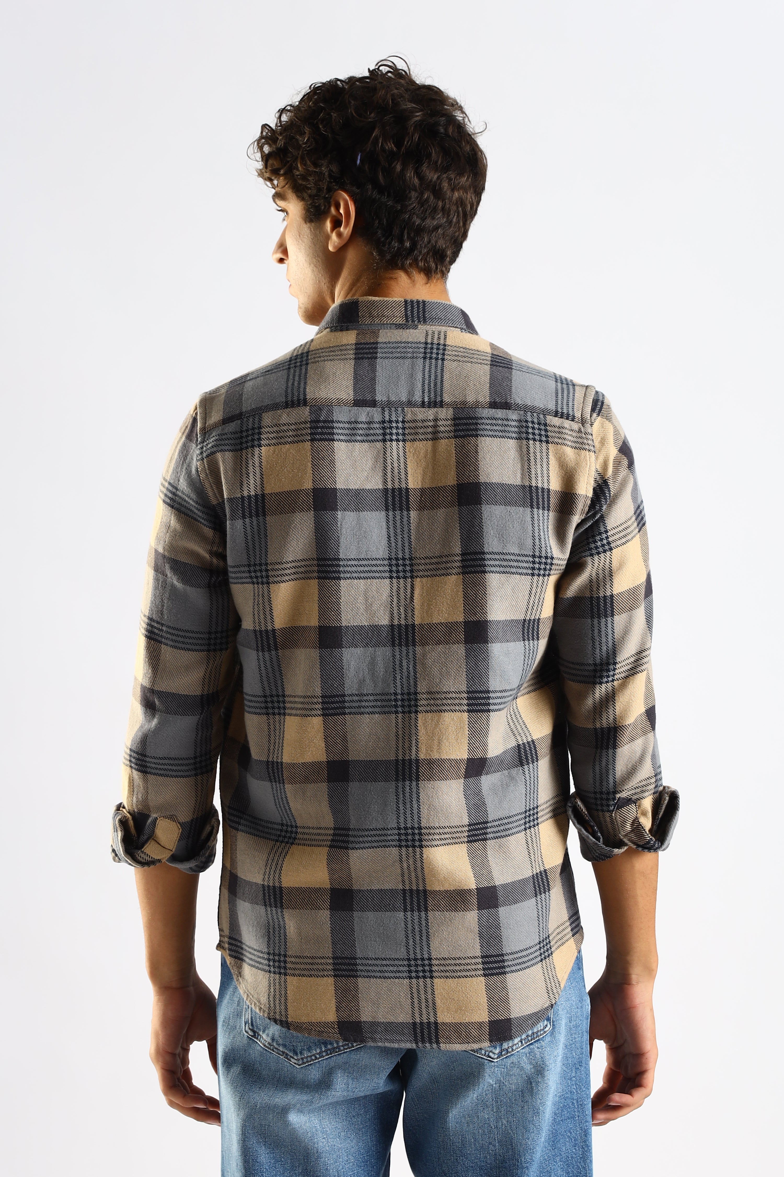 Men Grey Cotton Blend Checked Shirt