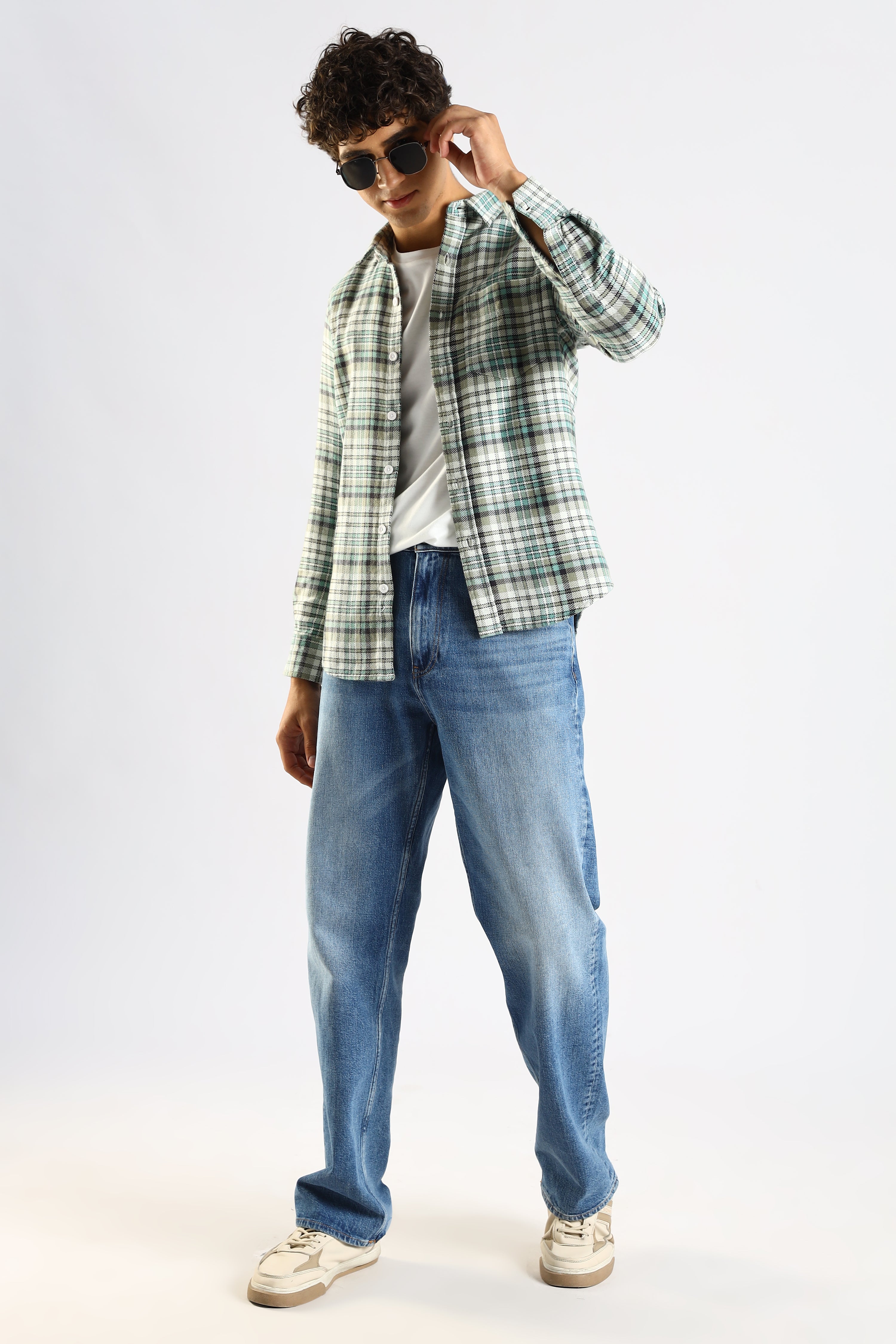 Men Green Cotton Blend Checked Shirt