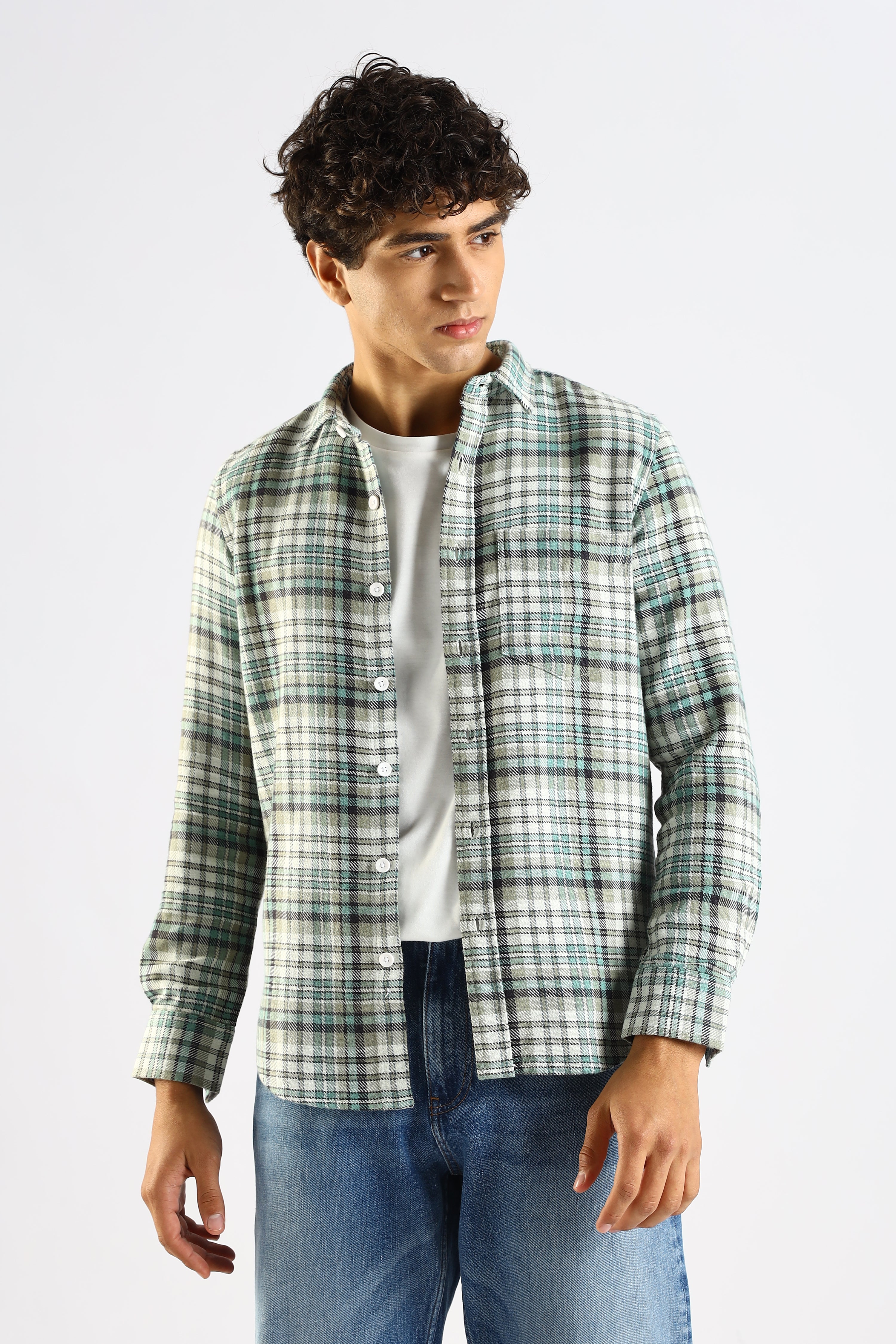 Men Green Cotton Blend Checked Shirt