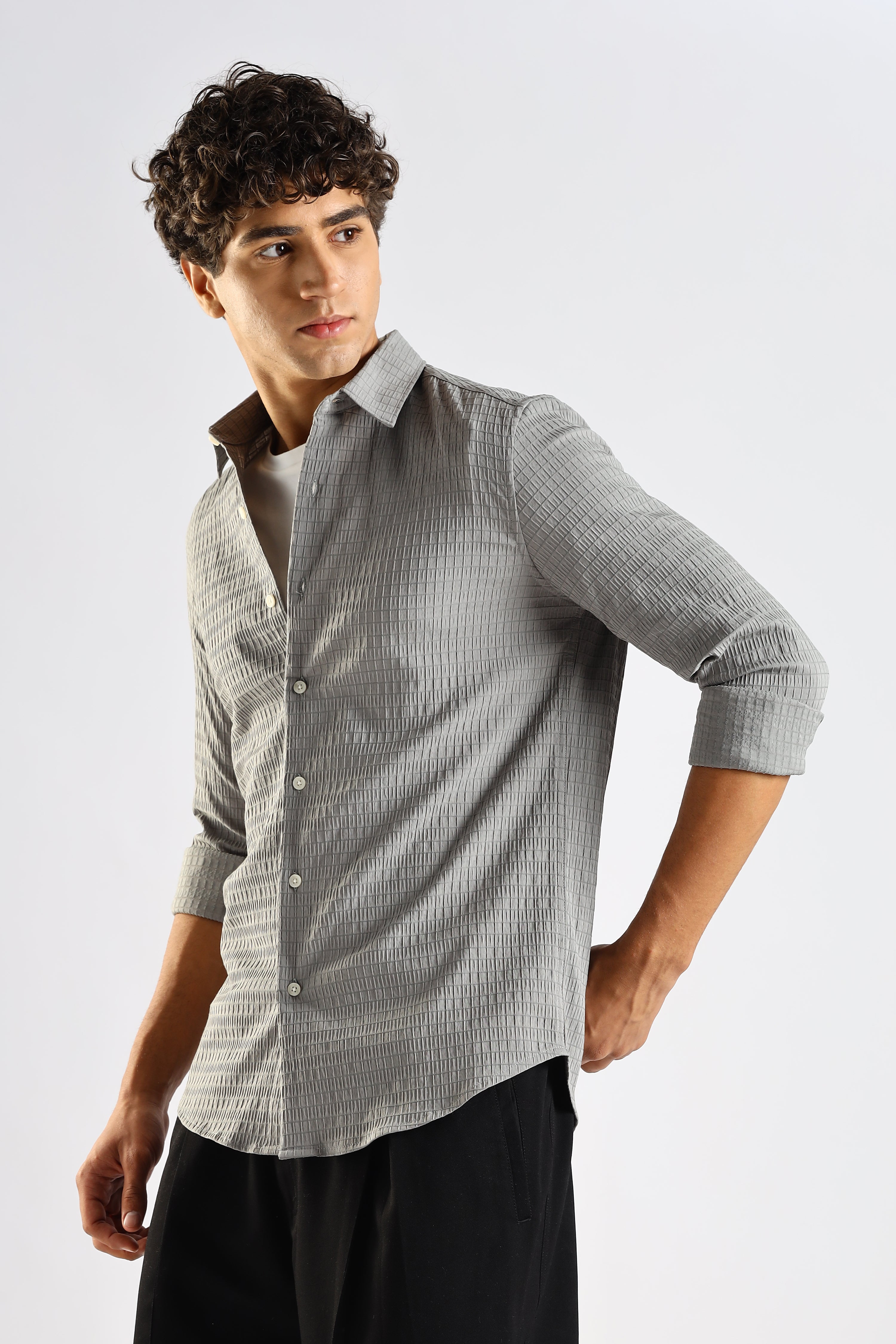 Men Grey Poly Blend Slim Fit Shirt