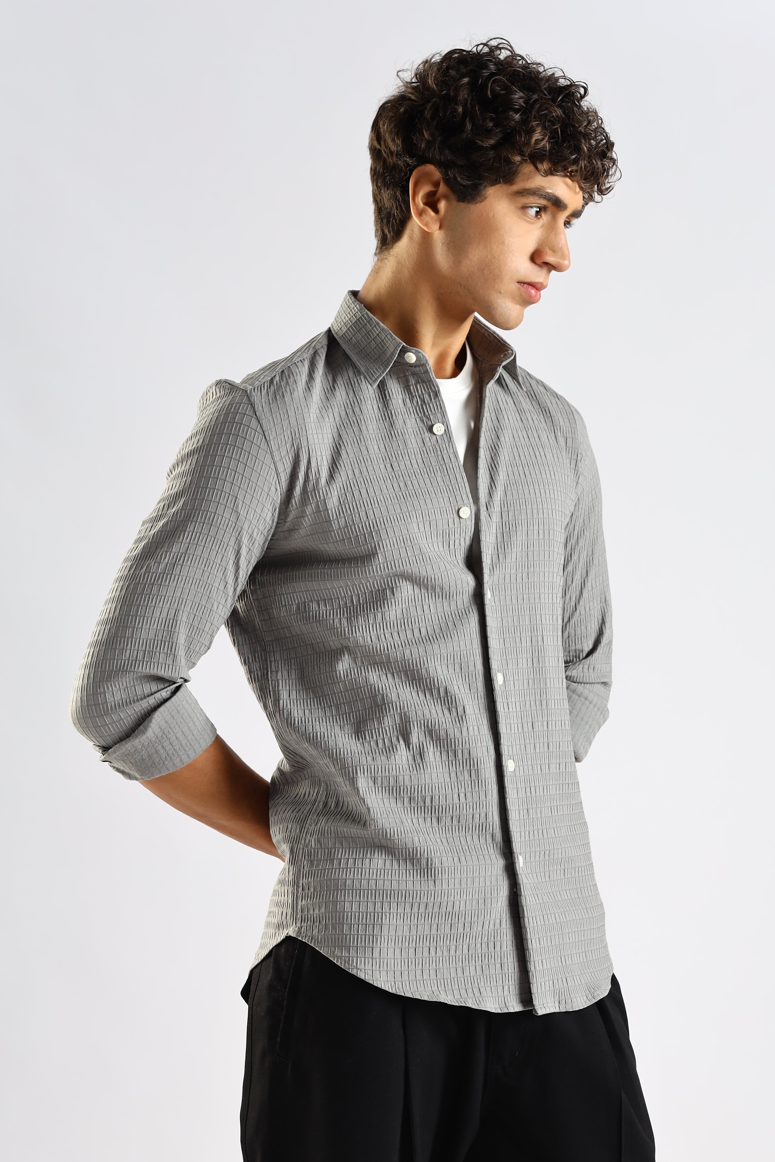 Men Grey Poly Blend Slim Fit Shirt