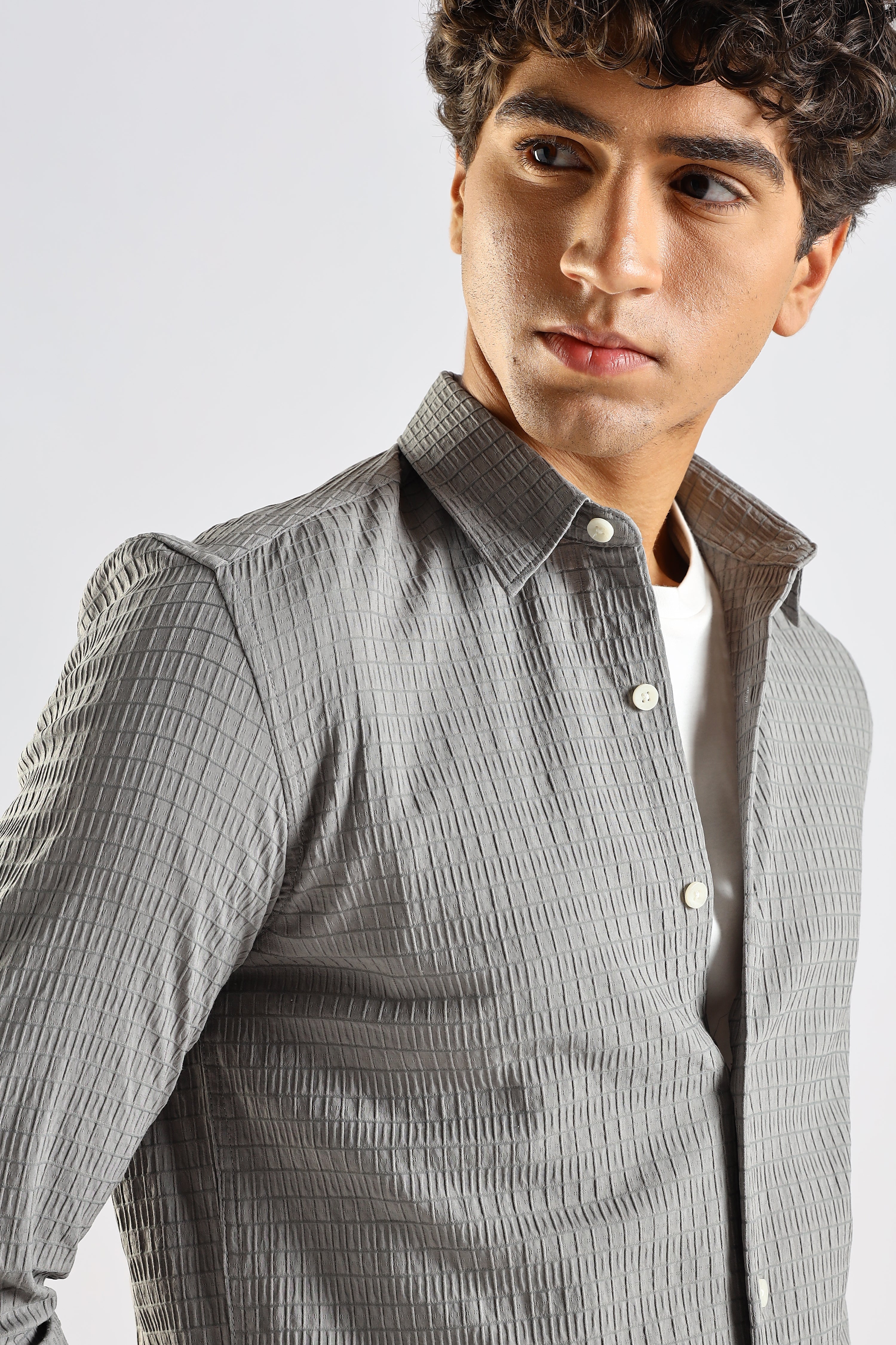 Men Grey Poly Blend Slim Fit Shirt