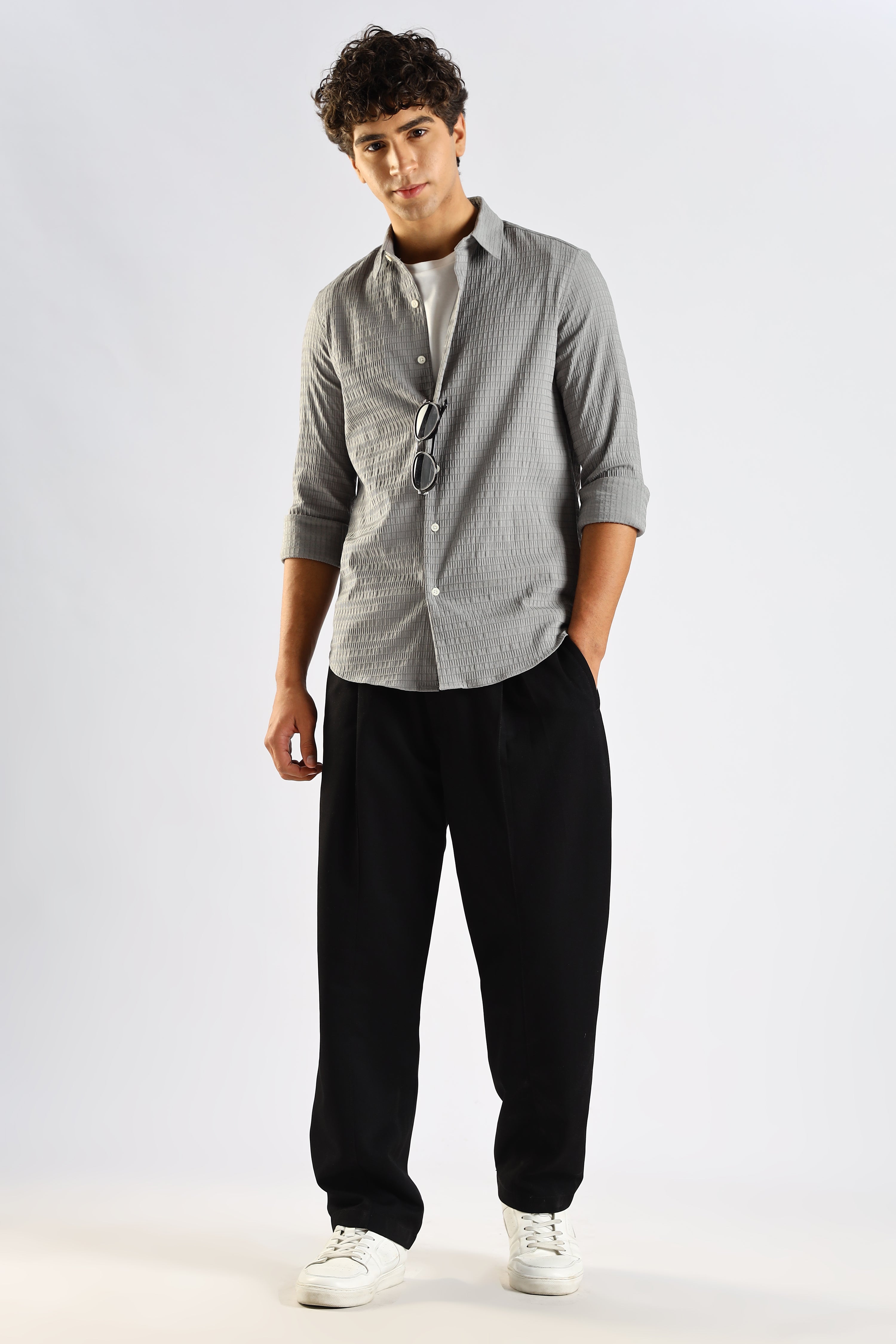 Men Grey Poly Blend Slim Fit Shirt