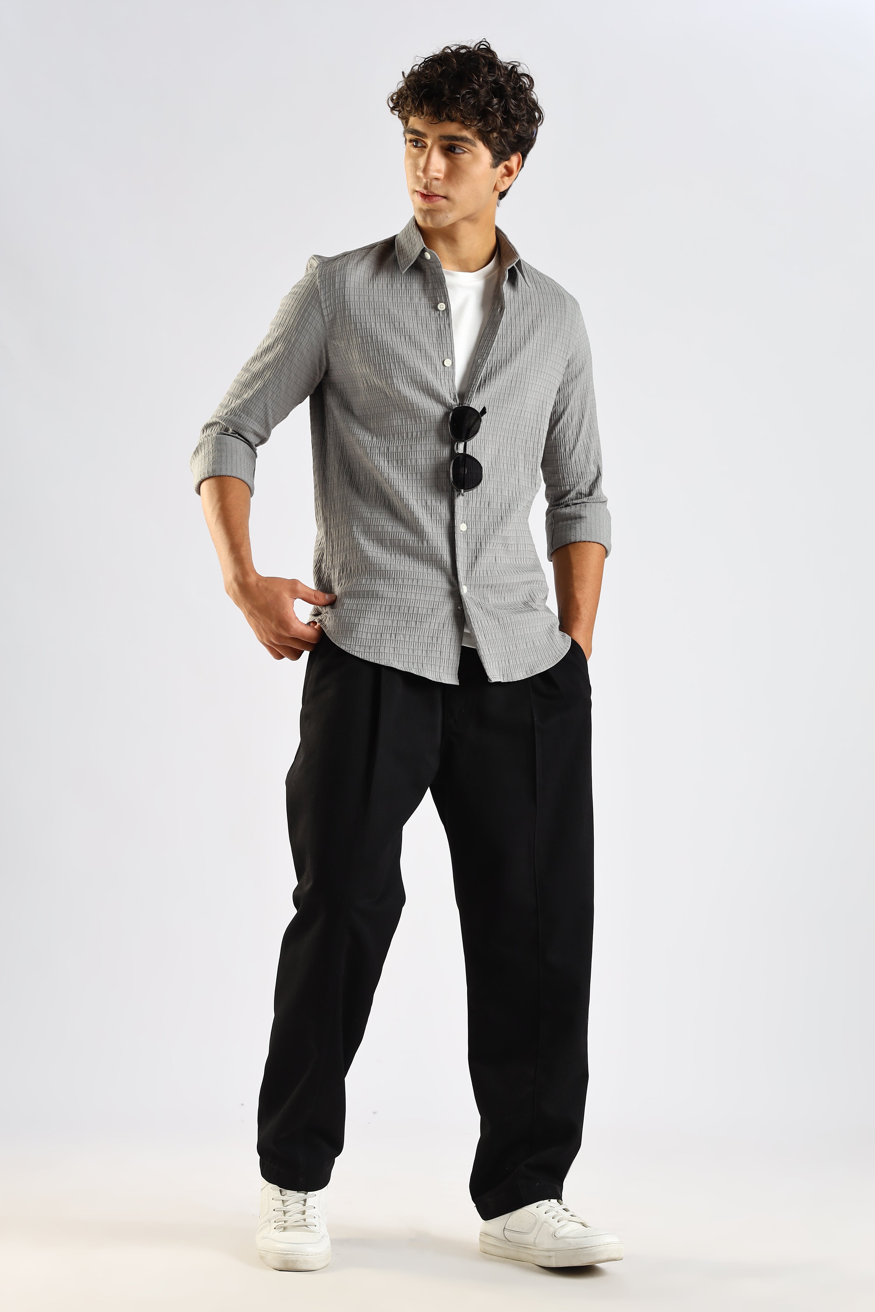 Men Grey Poly Blend Slim Fit Shirt