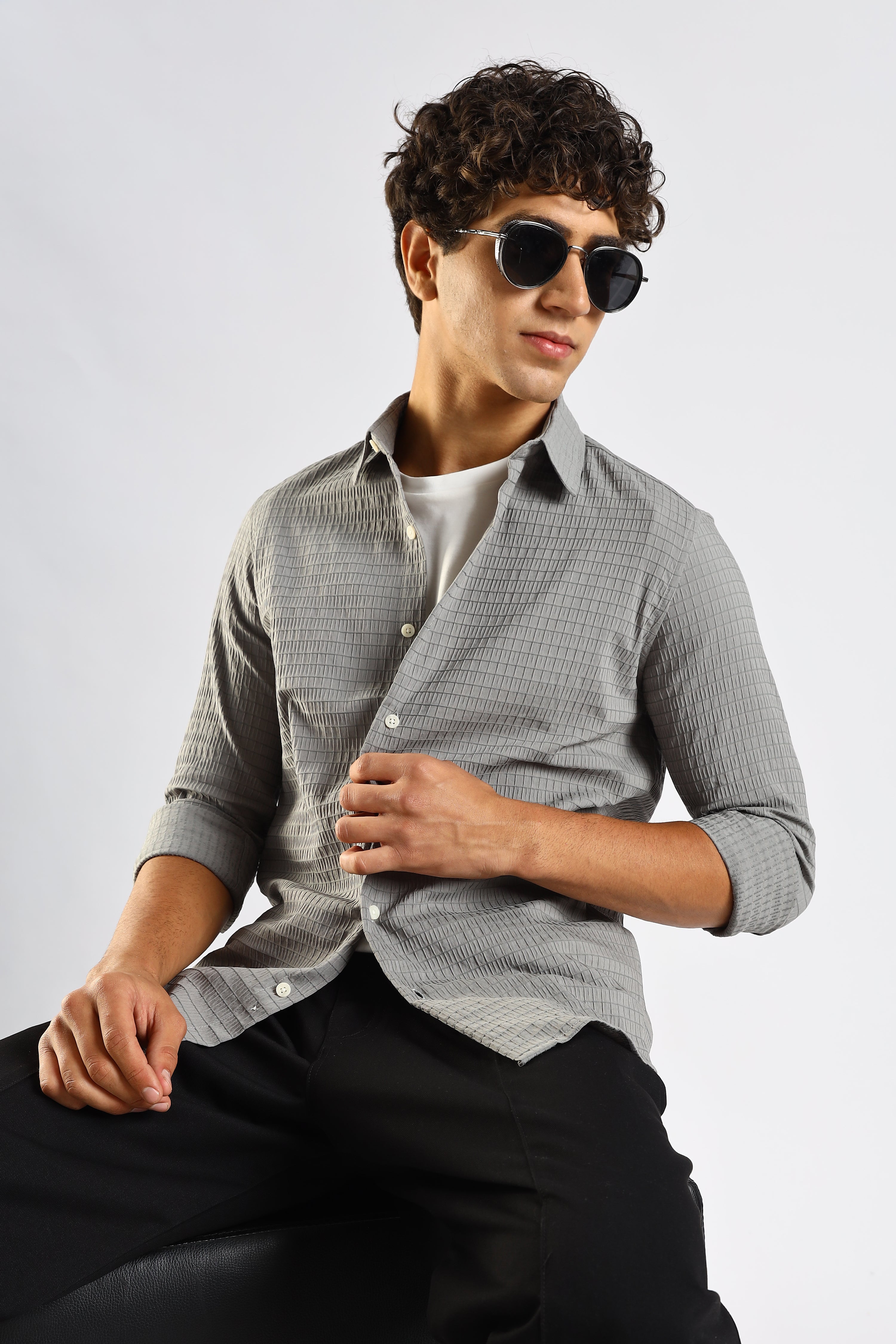 Men Grey Poly Blend Slim Fit Shirt