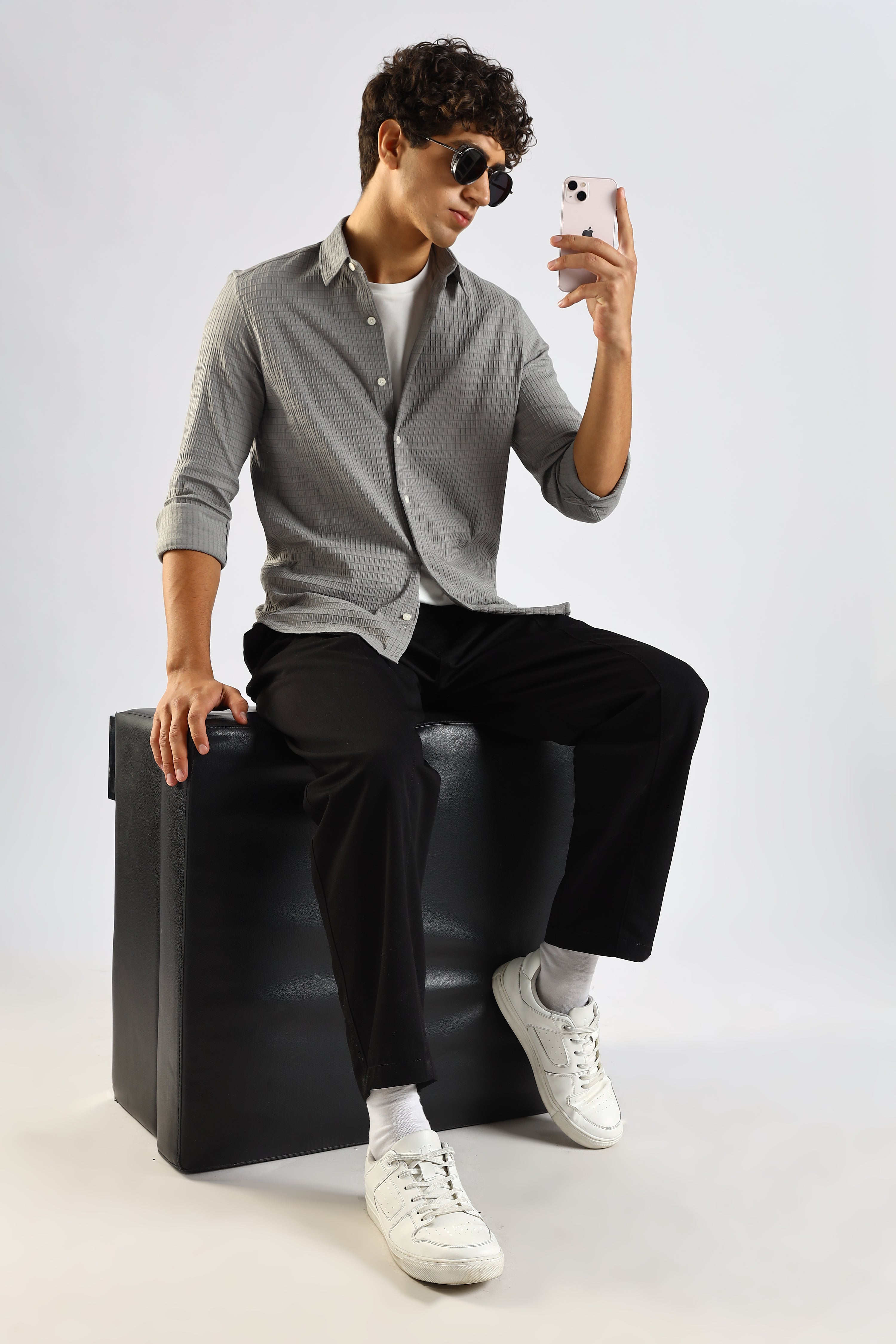 Men Grey Poly Blend Slim Fit Shirt