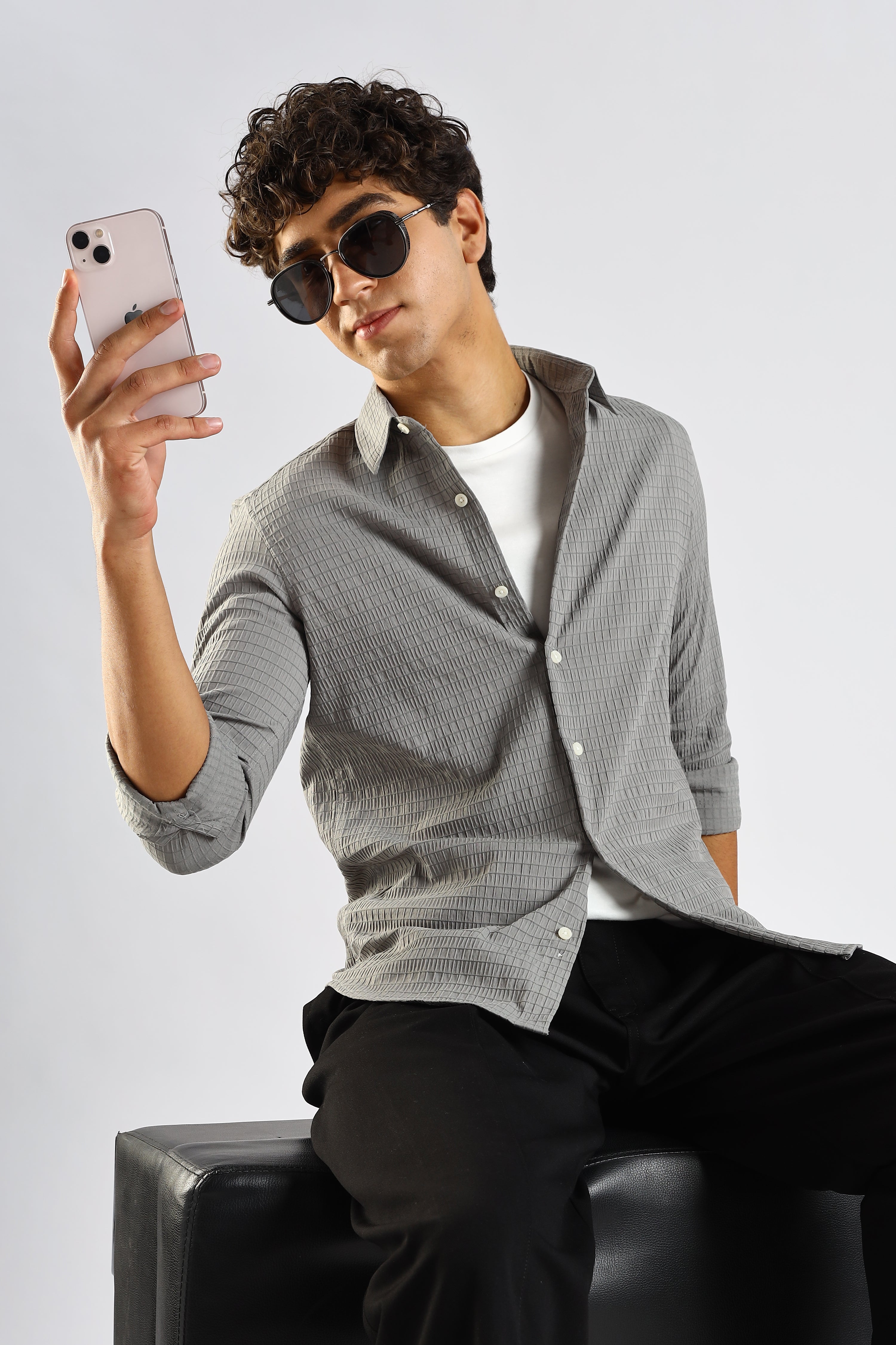 Men Grey Poly Blend Slim Fit Shirt