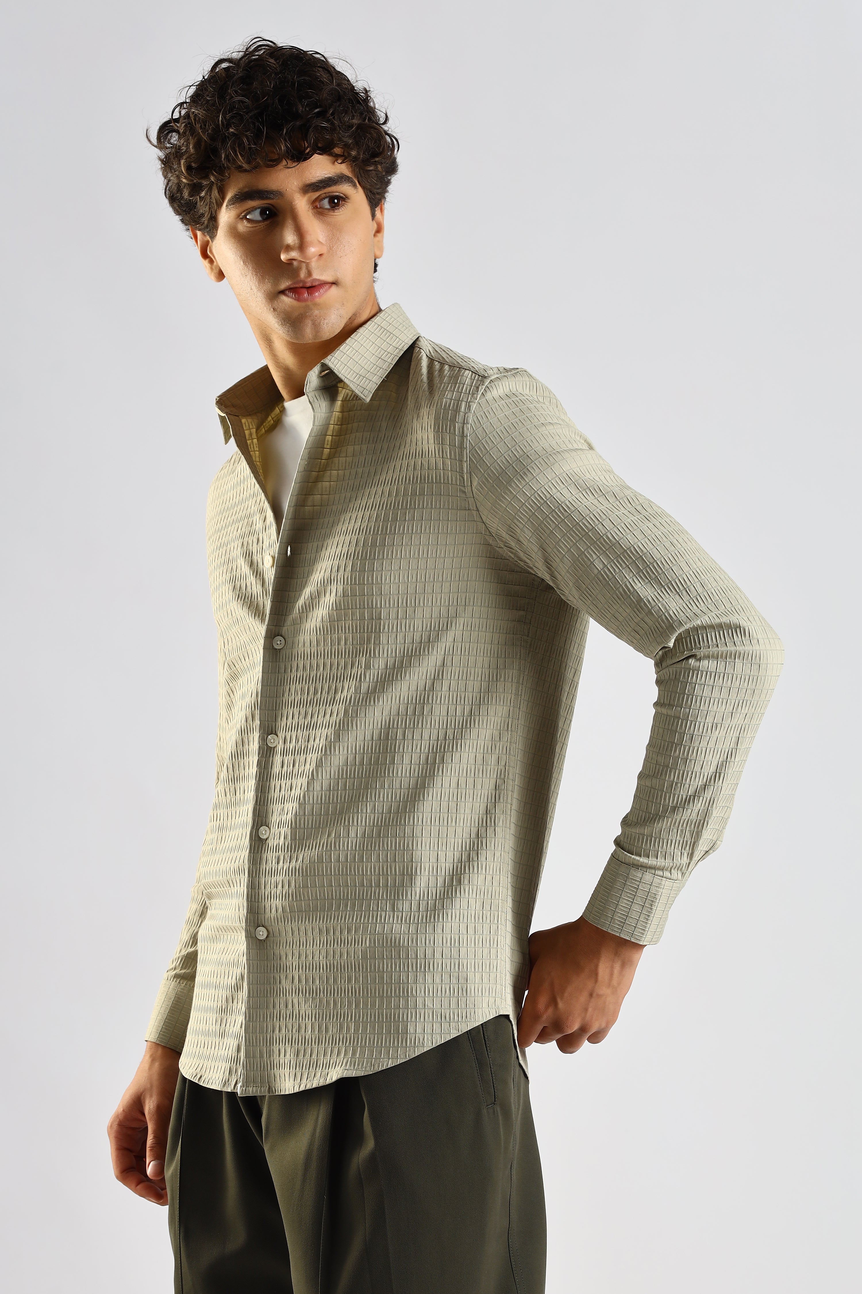 Men Green Poly Blend Slim Fit Shirt