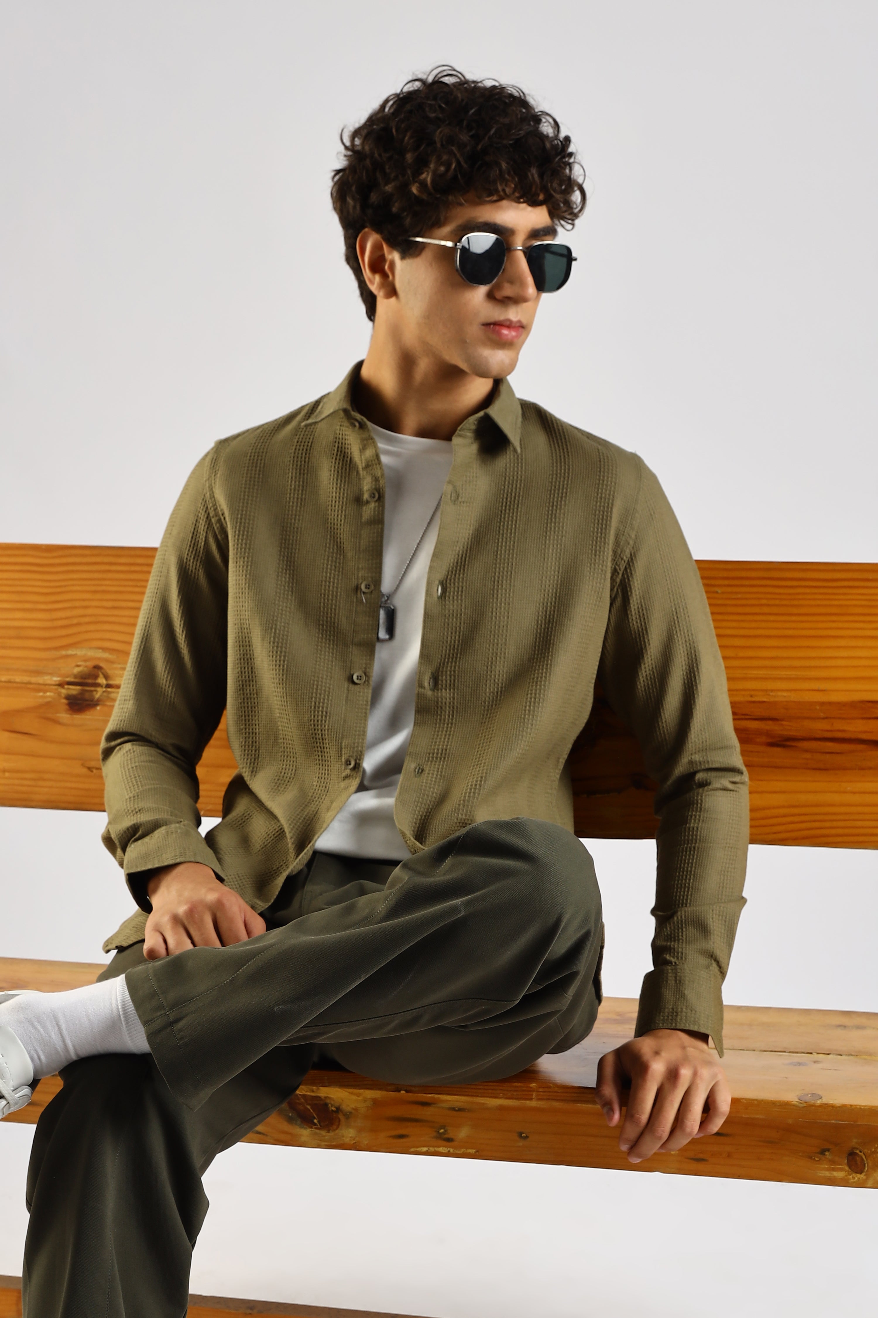 Men Green Textured Cotton Shirt