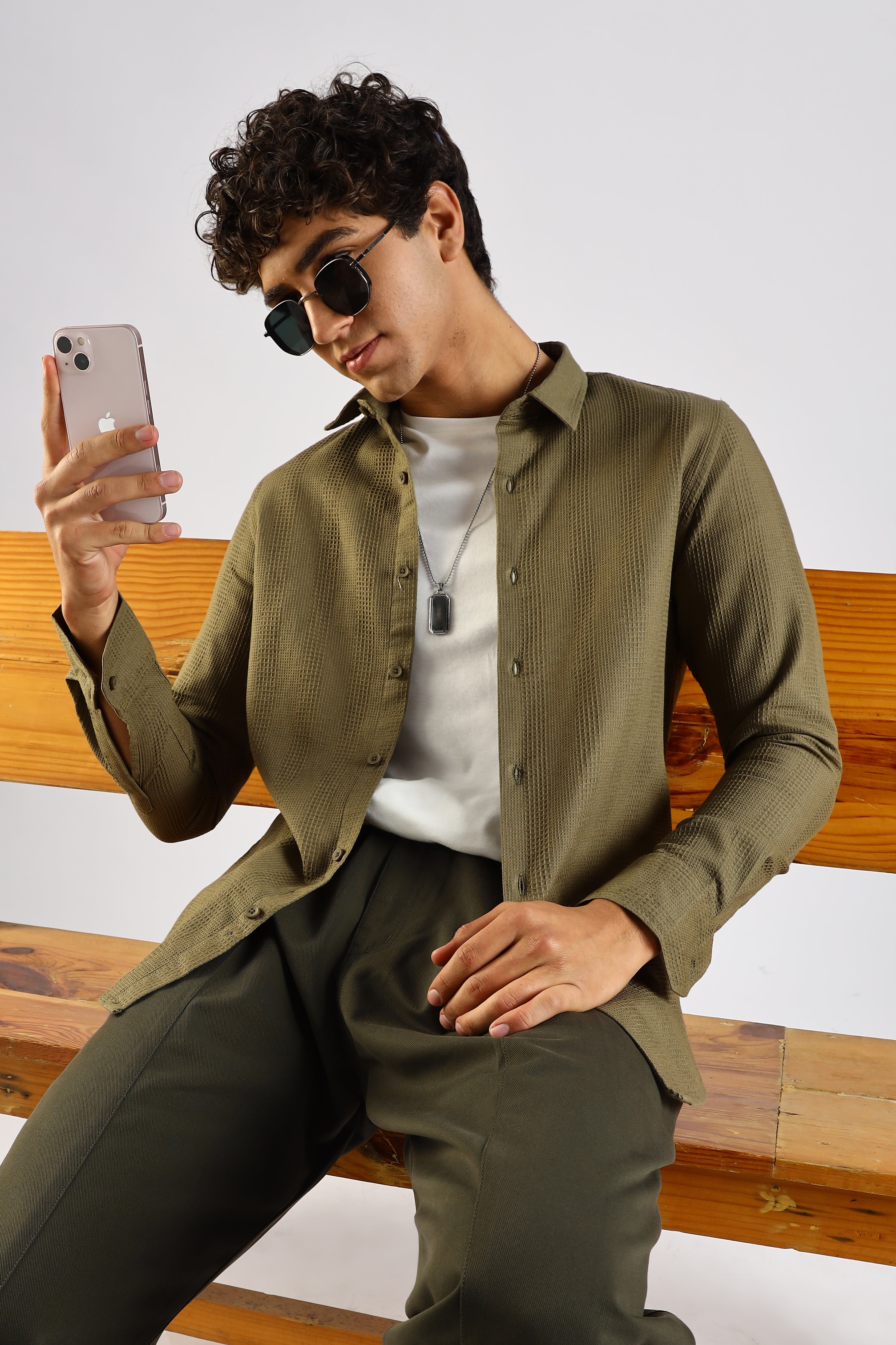 Men Green Textured Cotton Shirt