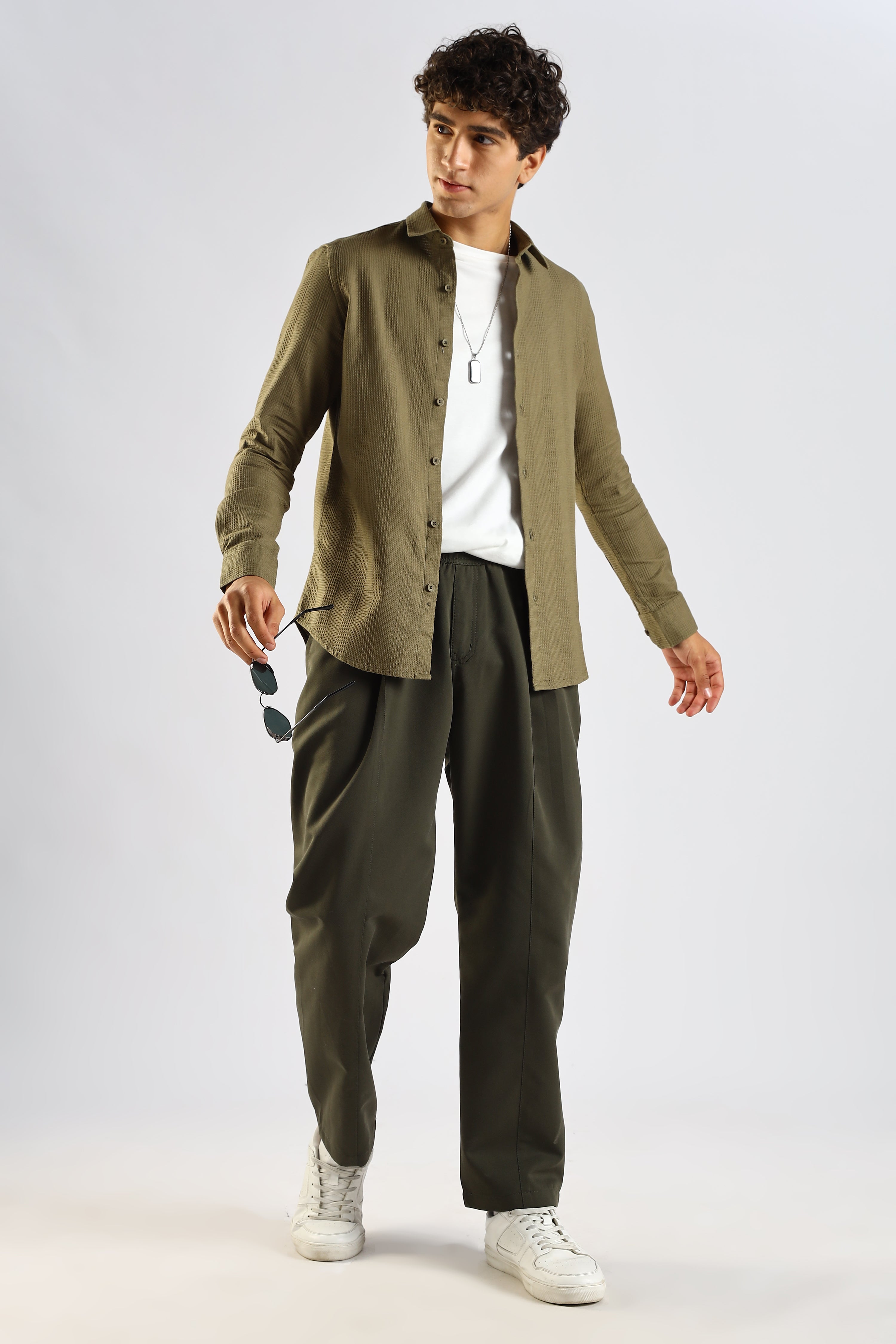 Men Green Textured Cotton Shirt