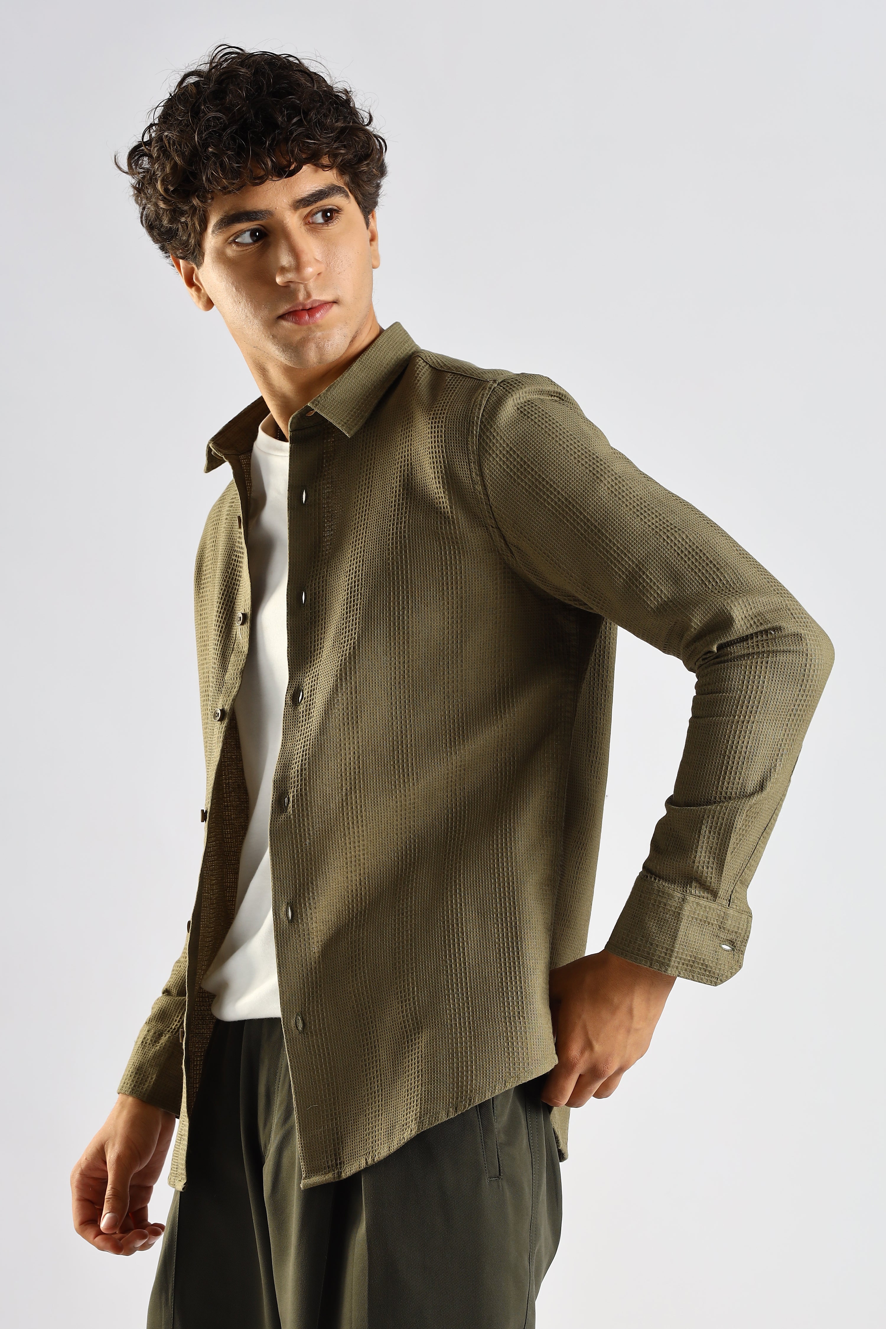 Men Green Textured Cotton Shirt